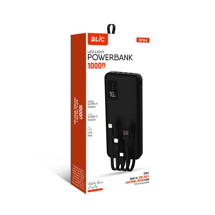 Blic BPB4 10.000mAh LED Işıklı Powerbank Siyah | 4 Cihaz Aynı Anda Şarj | Dahili 3in1 Kablo