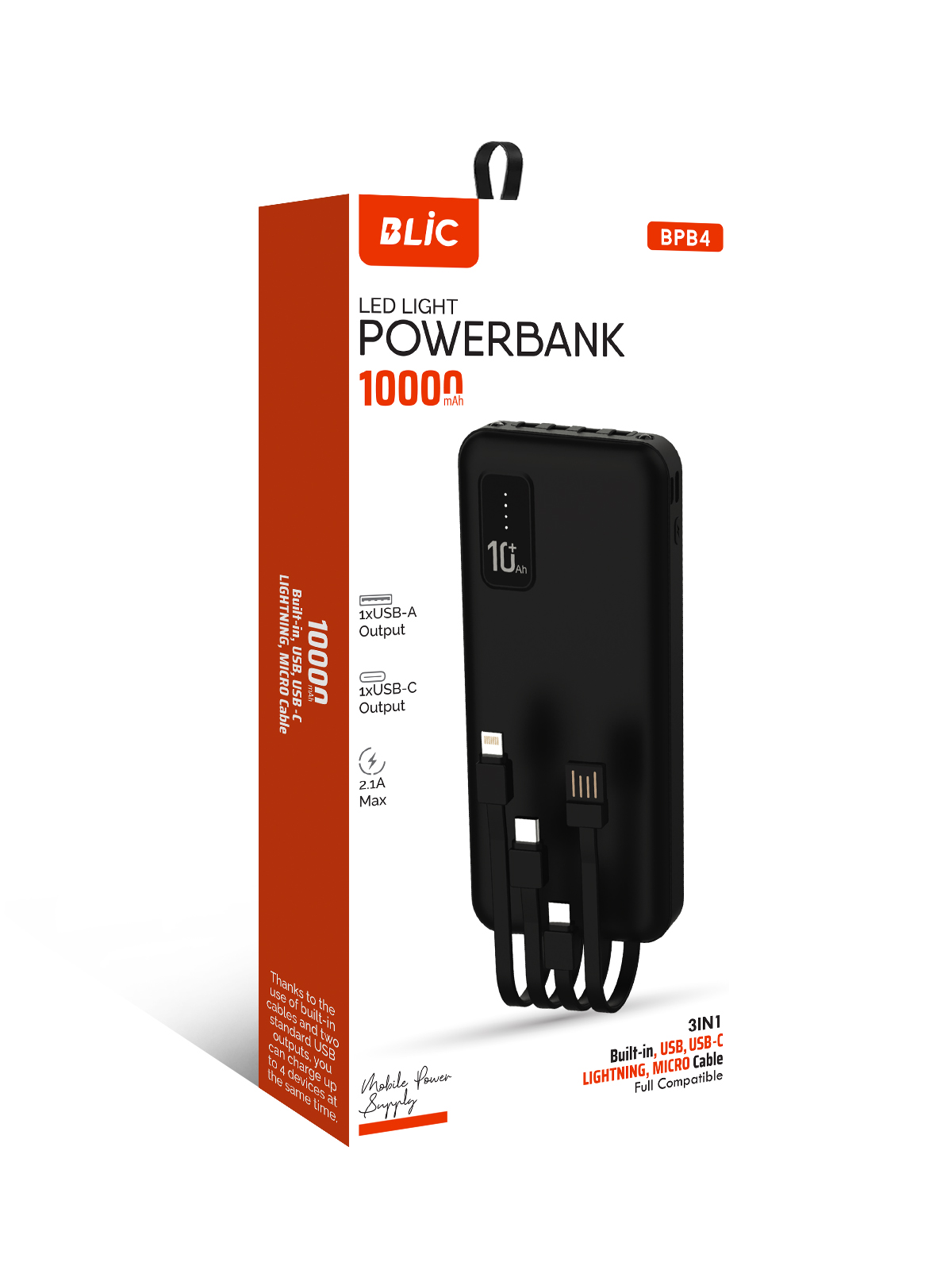 Blic BPB4 10.000mAh LED Işıklı Powerbank Siyah | 4 Cihaz Aynı Anda Şarj | Dahili 3in1 Kablo