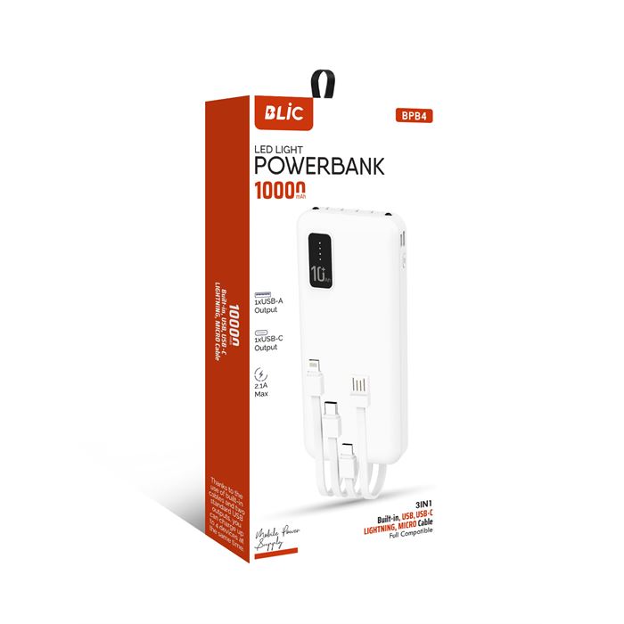 Blic BPB4 10.000mAh LED Işıklı Powerbank Beyaz | 4 Cihaz Aynı Anda Şarj | Dahili 3in1 Kablo