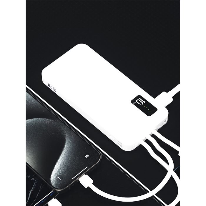 Blic BPB4 10.000mAh LED Işıklı Powerbank Beyaz | 4 Cihaz Aynı Anda Şarj | Dahili 3in1 Kablo