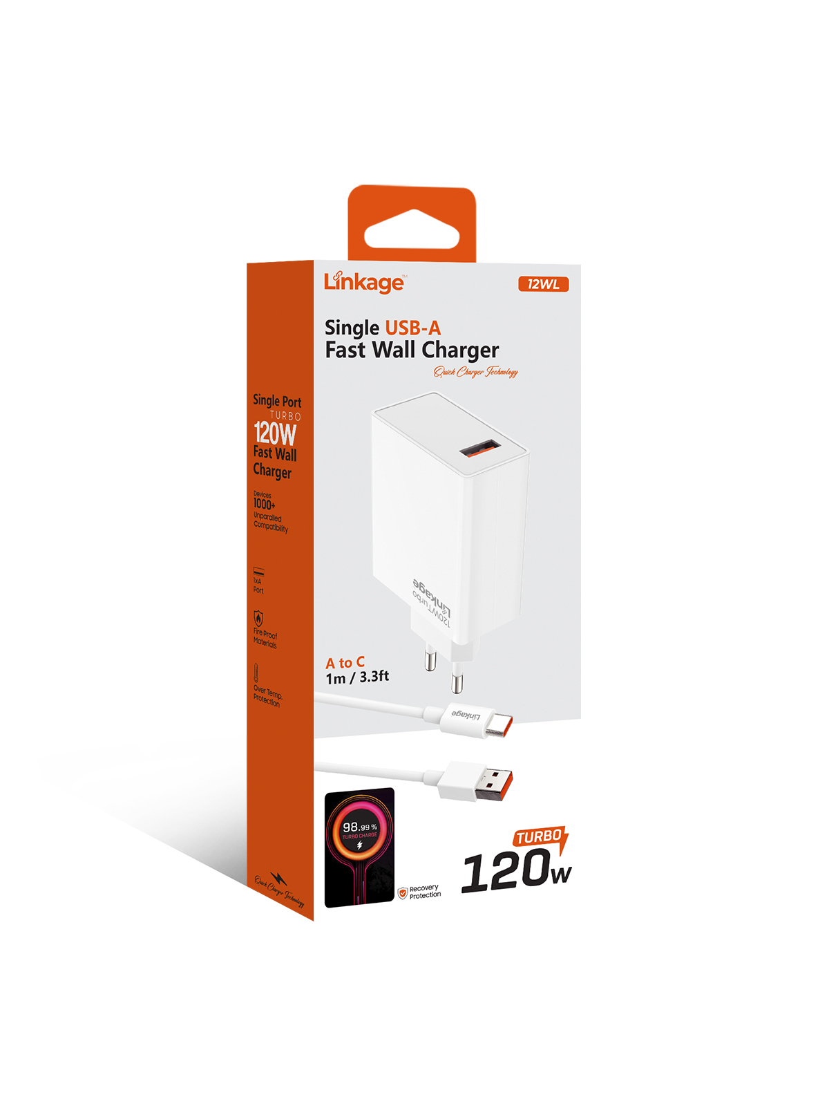 Linkage 12WL 120W Turbo Hızlı Şarj Adaptörü + 1m USB-A to Type-C Kablo | Tek Port | Ev & Seyahat Tipi