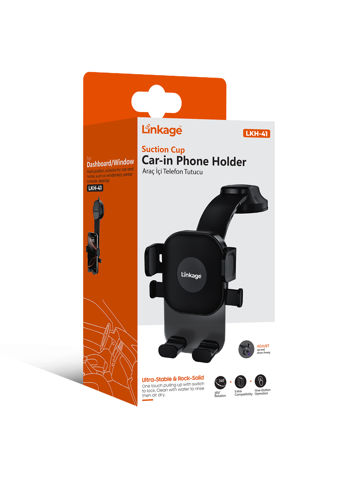 Linkage LKH-41 Vantuzlu Araç İçi Telefon Tutucu | 360° Döner Başlık | Tek Tuşla Sabitleme | Ön Cam & Torpido Uyumlu