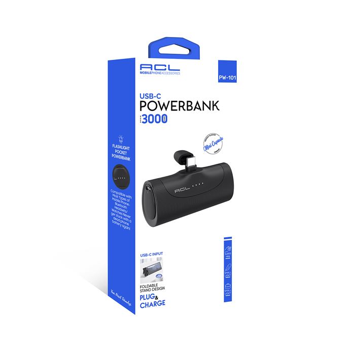 ACL PW-101 Mini Kapsül Powerbank 3000mAh Siyah | USB-C Giriş & Çıkış | LED Göstergeli | Telefon Standı Tasarımı