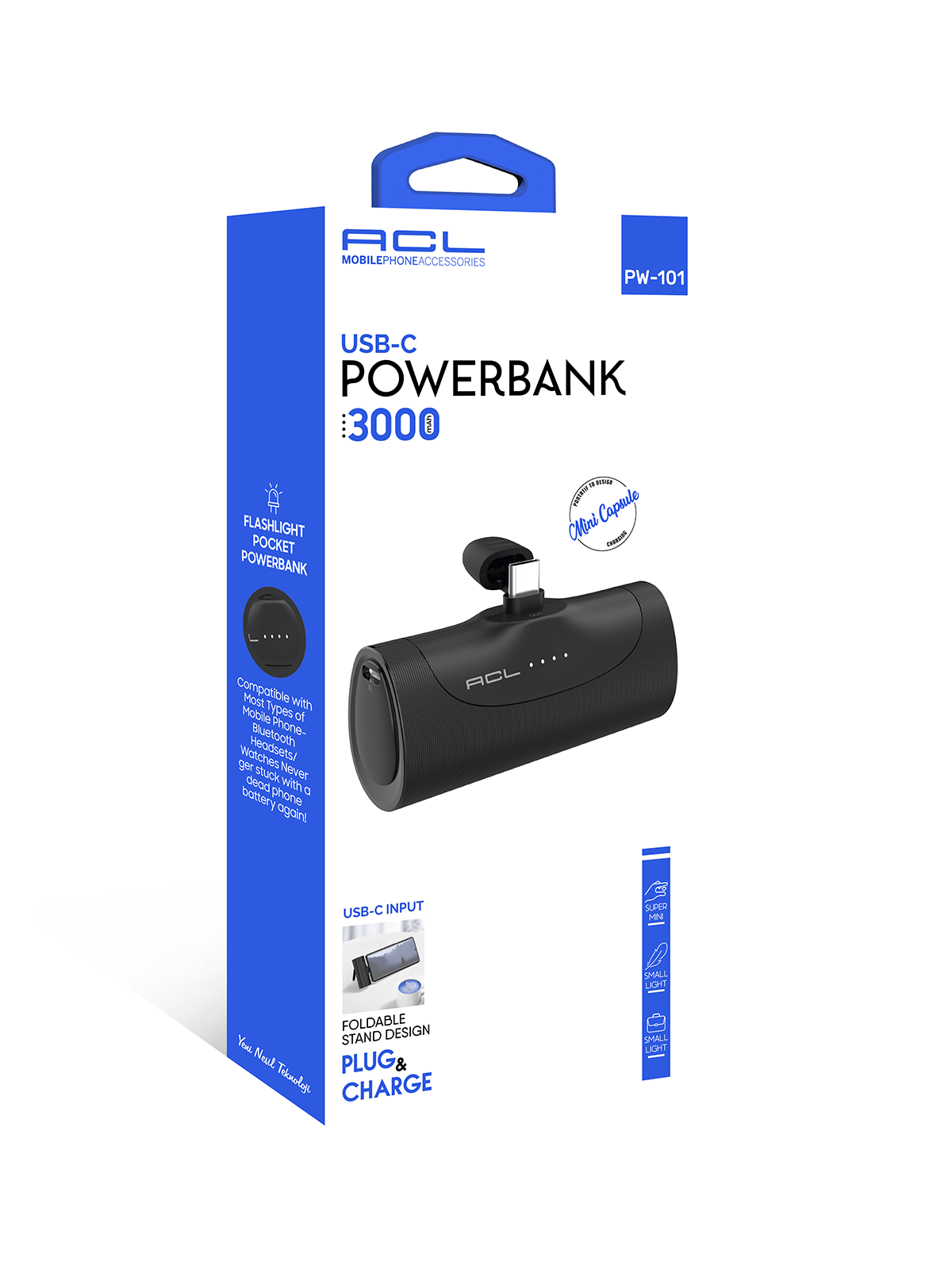 ACL PW-101 Mini Kapsül Powerbank 3000mAh Siyah | USB-C Giriş & Çıkış | LED Göstergeli | Telefon Standı Tasarımı