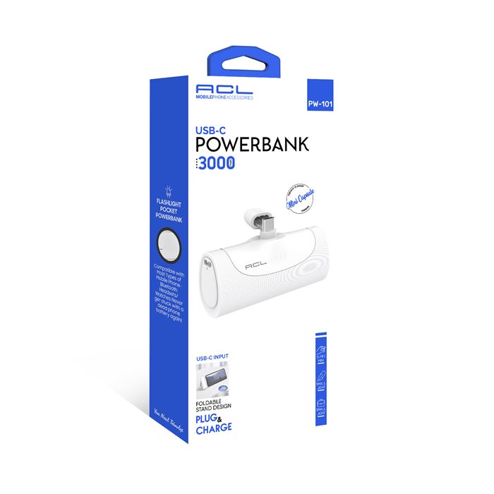 ACL PW-101 Mini Kapsül Powerbank 3000mAh Beyaz | USB-C Giriş & Çıkış | LED Göstergeli | Telefon Standı Tasarımı