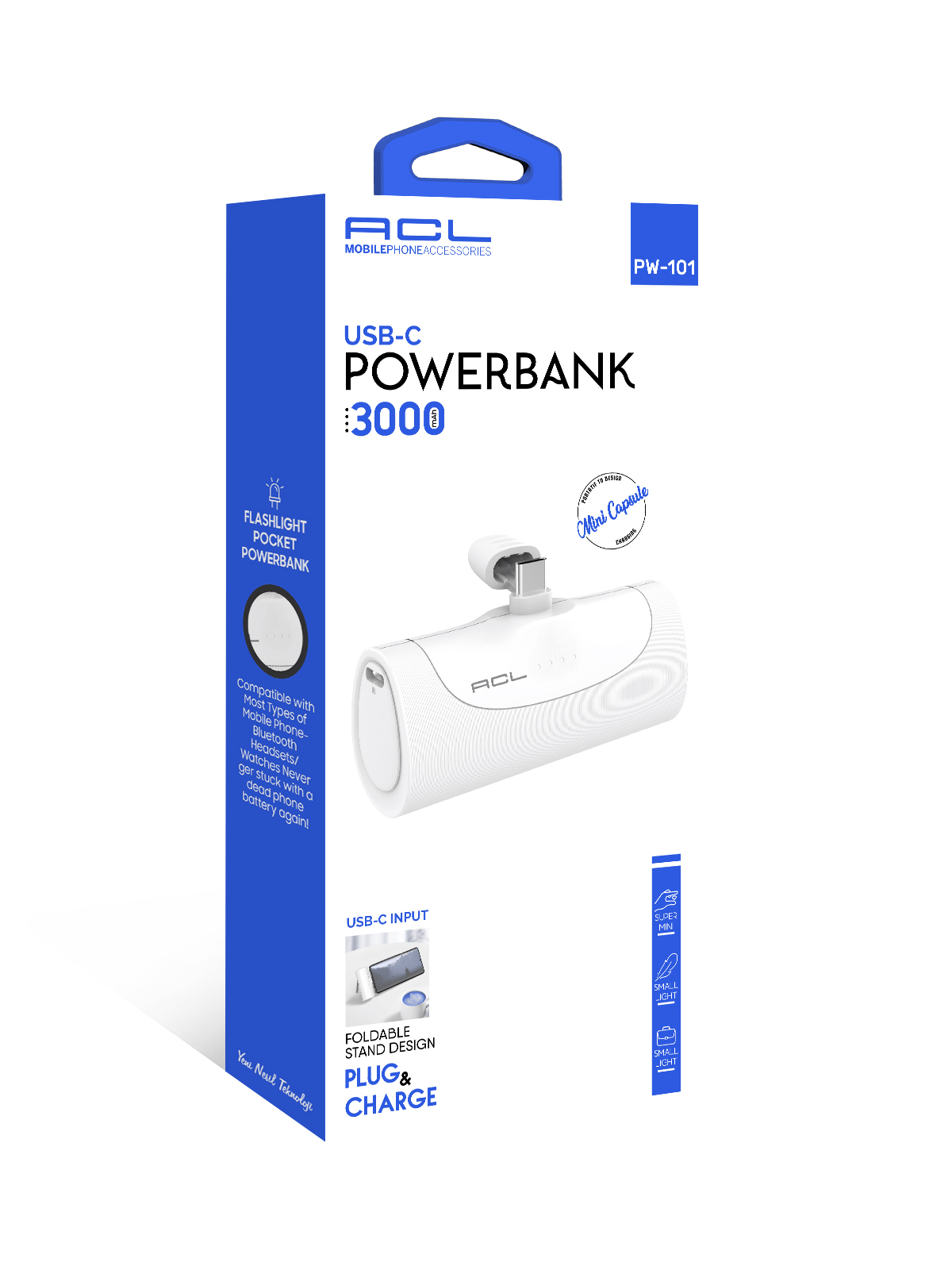 ACL PW-101 Mini Kapsül Powerbank 3000mAh Beyaz | USB-C Giriş & Çıkış | LED Göstergeli | Telefon Standı Tasarımı
