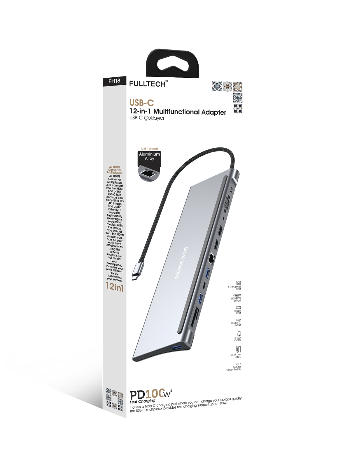 Fulltech FH18 12'si 1 Arada USB-C Çoklayıcı | 2x 4K HDMI, 100W PD, RJ45, 3x USB, Kart Girişi ve Ses Çıkışı