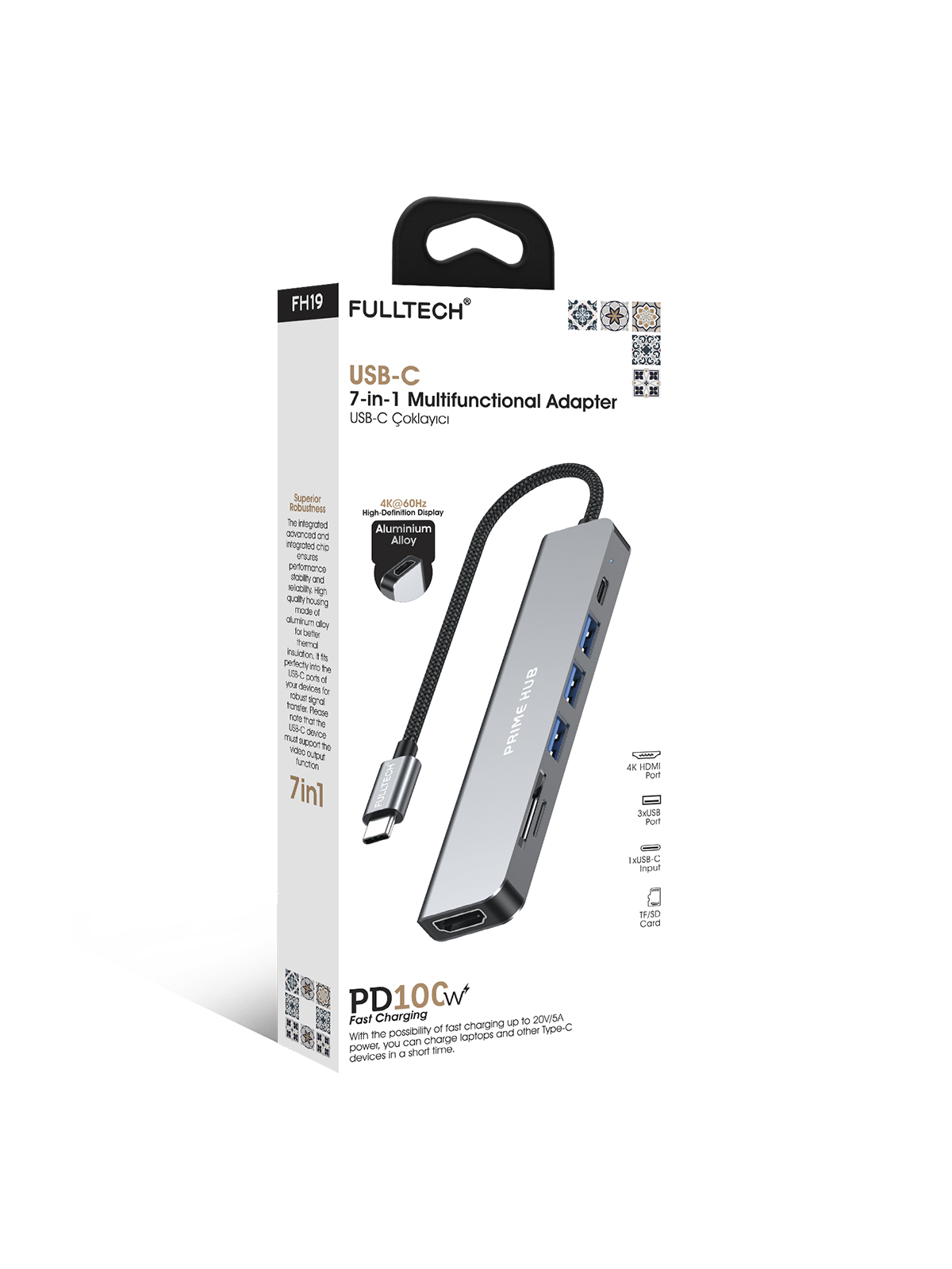 Fulltech FH19 7-in-1 USB-C Çoklayıcı Adaptör | 4K HDMI, 100W PD, 5Gbps USB 3.0, SD/TF Kart Okuyucu