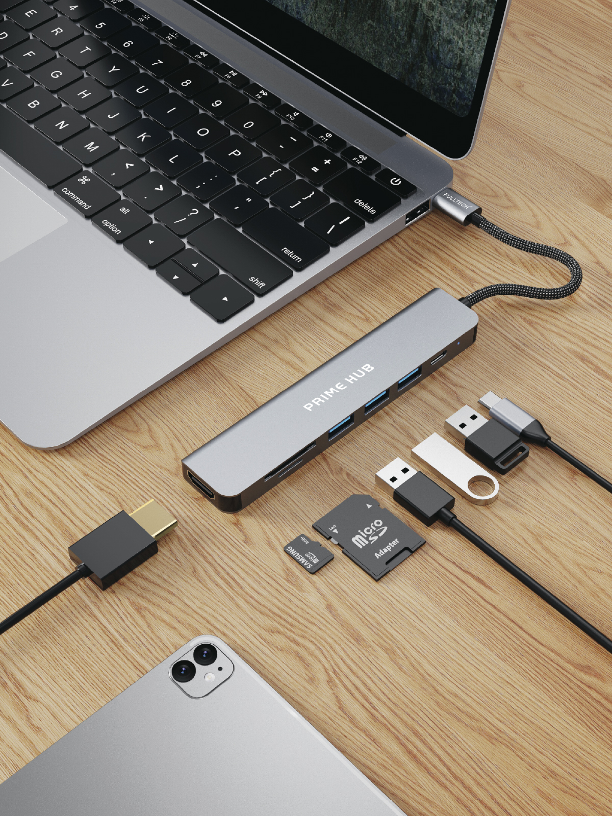 Fulltech FH19 7-in-1 USB-C Çoklayıcı Adaptör | 4K HDMI, 100W PD, 5Gbps USB 3.0, SD/TF Kart Okuyucu