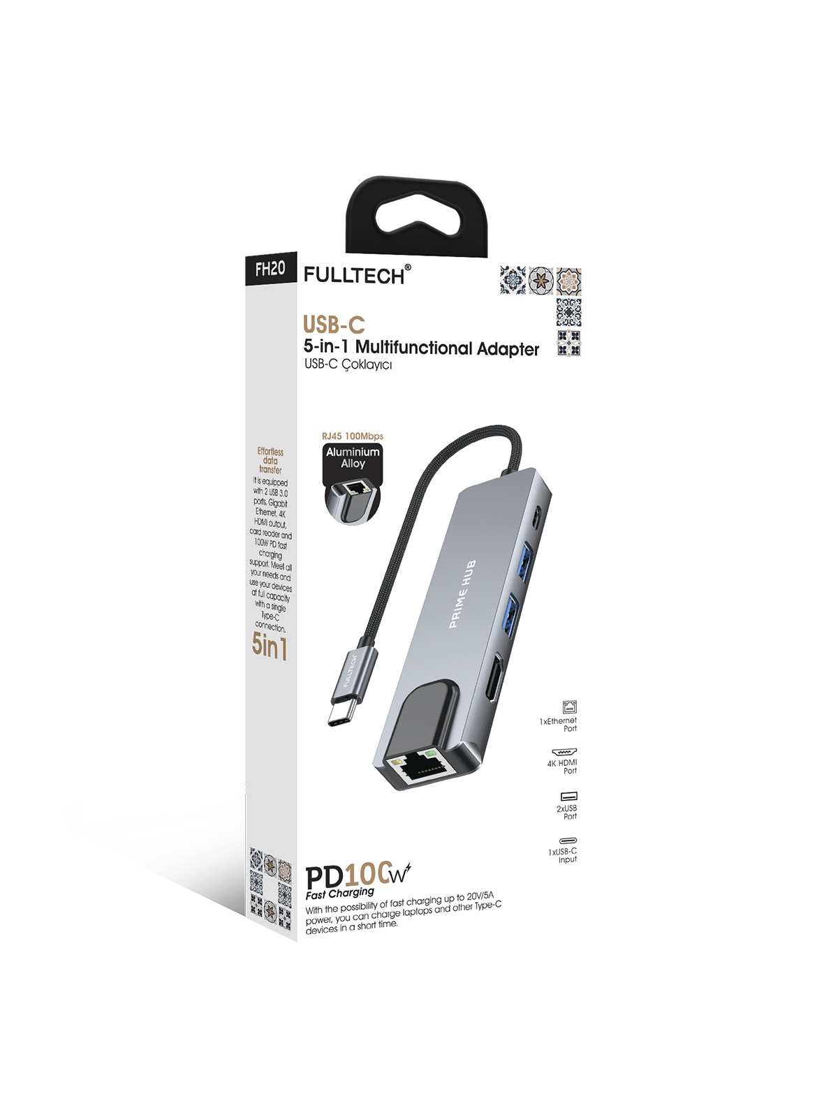 Fulltech FH20 5-in-1 USB-C Çoklayıcı Adaptör | 100W PD Hızlı Şarj | 4K HDMI | Ethernet | 2x USB 3.0