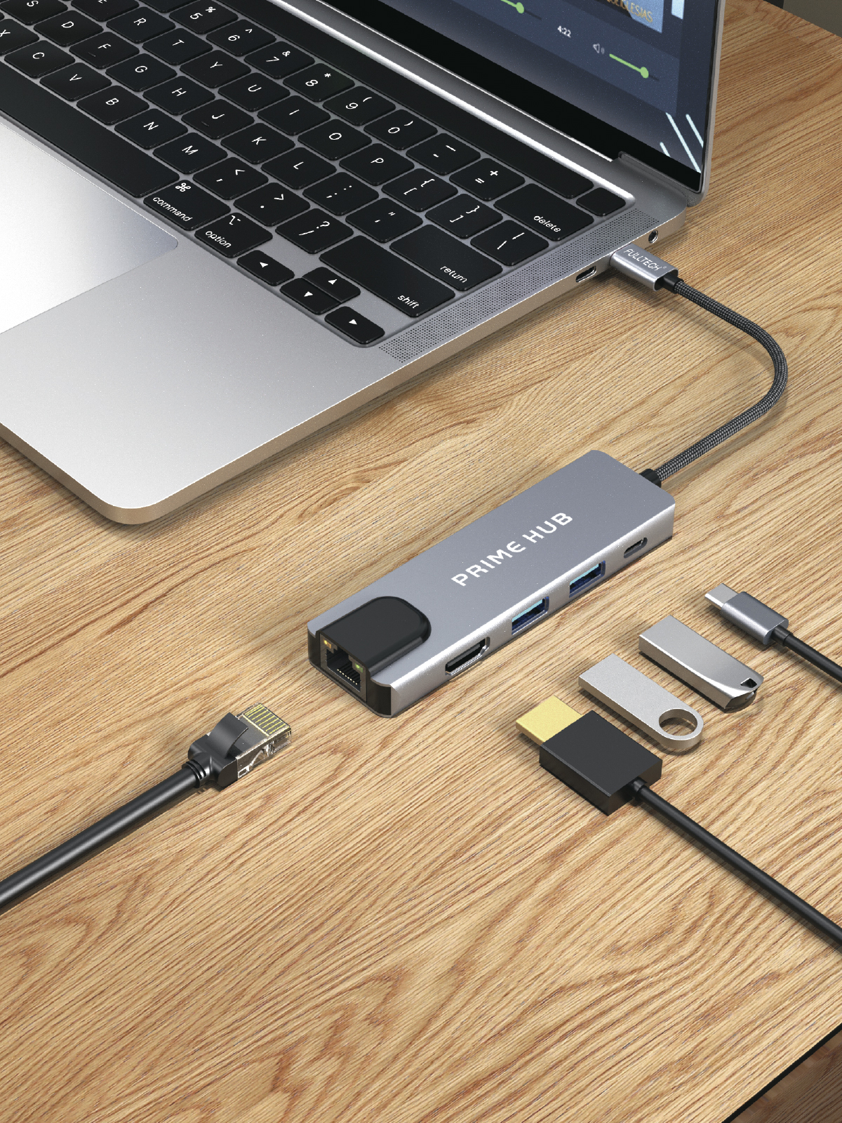Fulltech FH20 5-in-1 USB-C Çoklayıcı Adaptör | 100W PD Hızlı Şarj | 4K HDMI | Ethernet | 2x USB 3.0