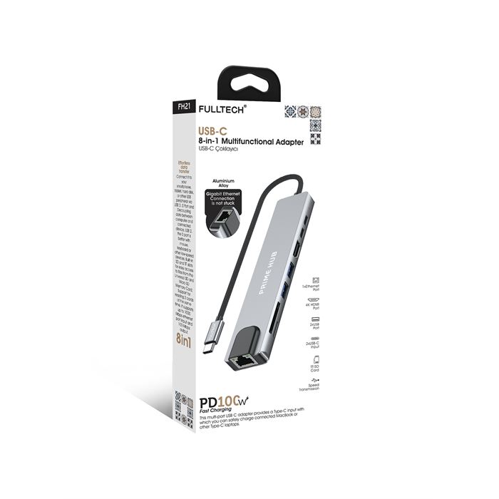 Fulltech FH21 8-in-1 USB-C Çoklayıcı | 4K HDMI, 100W PD, Gigabit Ethernet, SD/TF Kart Okuyucu, 2xUSB-C + 2xUSB 3.0 Çoklu Bağlantı Adaptörü