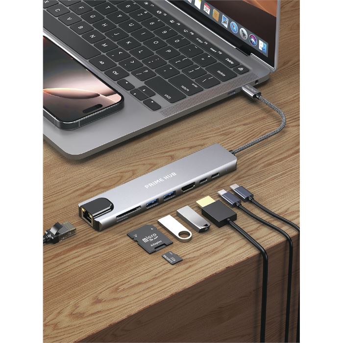Fulltech FH21 8-in-1 USB-C Çoklayıcı | 4K HDMI, 100W PD, Gigabit Ethernet, SD/TF Kart Okuyucu, 2xUSB-C + 2xUSB 3.0 Çoklu Bağlantı Adaptörü