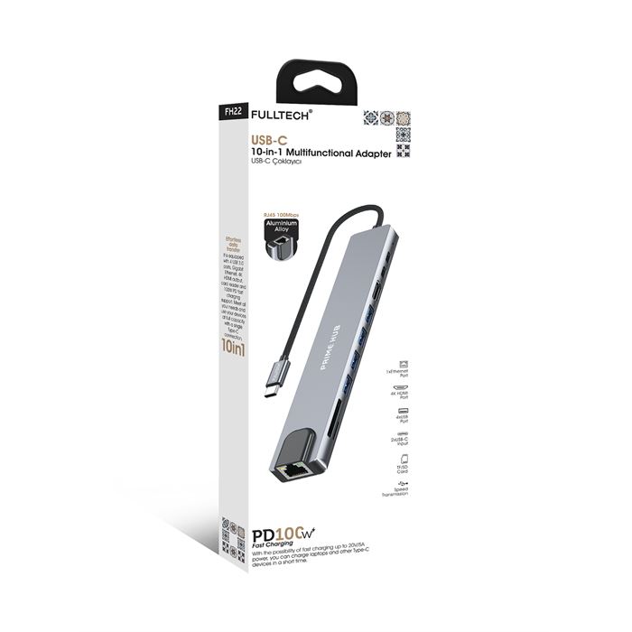 Fulltech FH22 10'u 1 Arada USB-C Çoklayıcı Adaptör | 100W PD Hızlı Şarj | 4K HDMI | Gigabit Ethernet | 10 Port