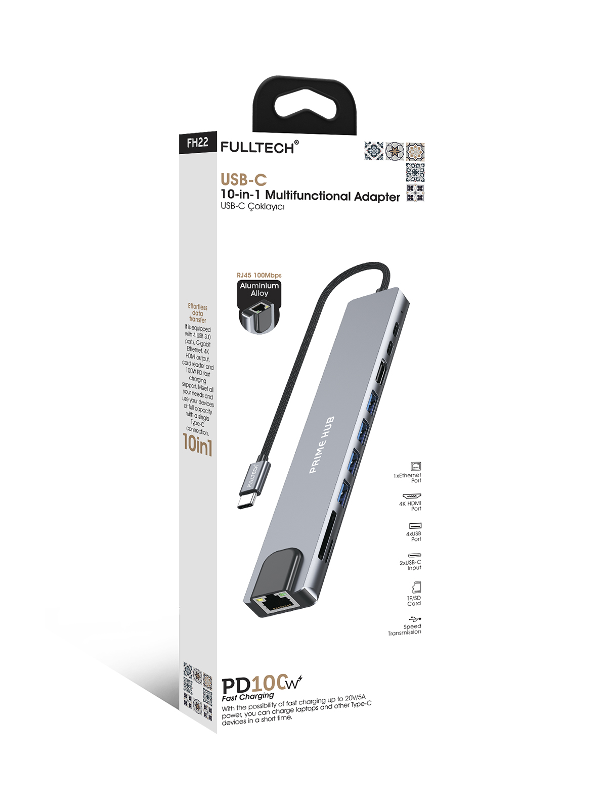 Fulltech FH22 10'u 1 Arada USB-C Çoklayıcı Adaptör | 100W PD Hızlı Şarj | 4K HDMI | Gigabit Ethernet | 10 Port