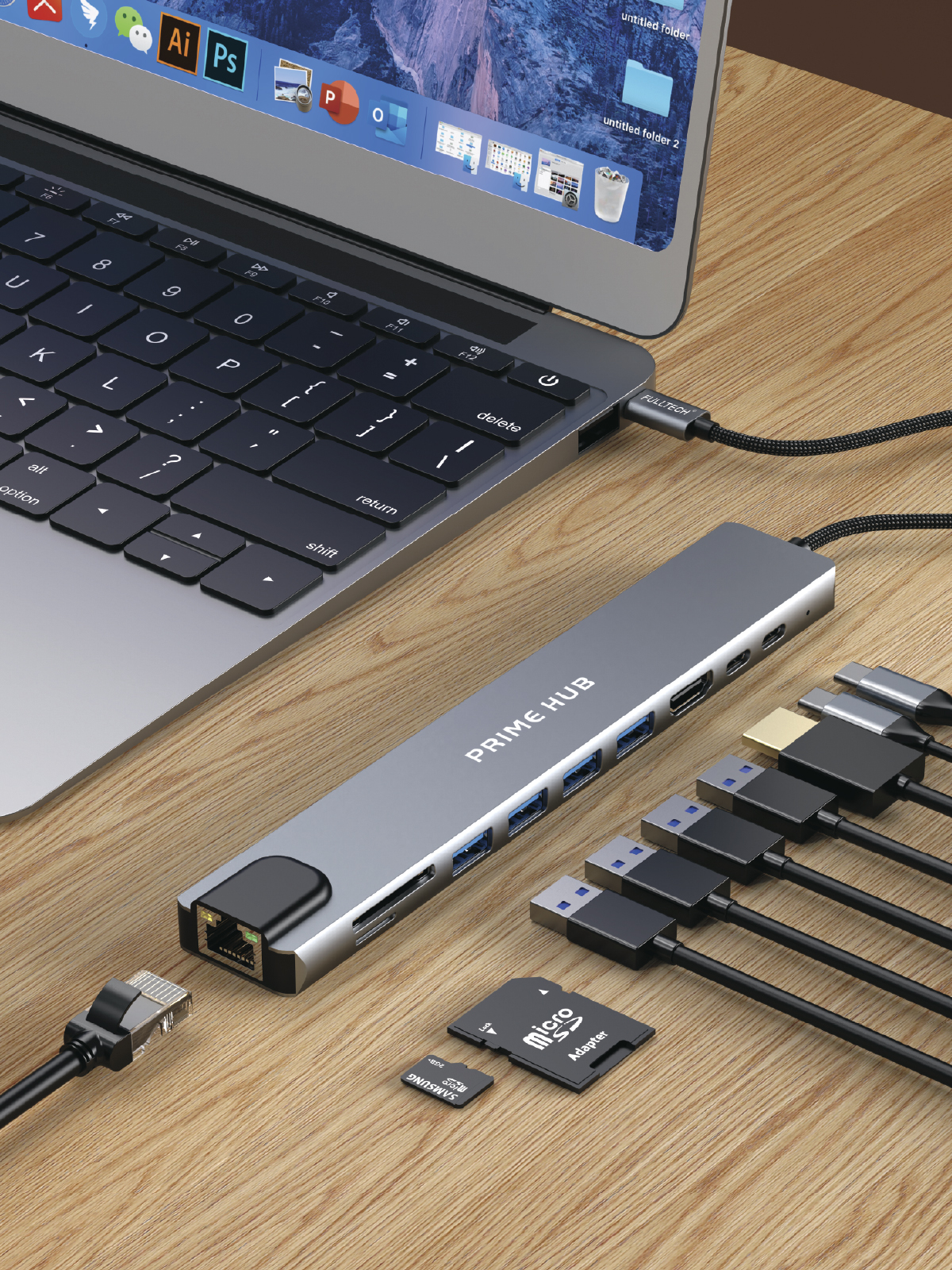 Fulltech FH22 10'u 1 Arada USB-C Çoklayıcı Adaptör | 100W PD Hızlı Şarj | 4K HDMI | Gigabit Ethernet | 10 Port