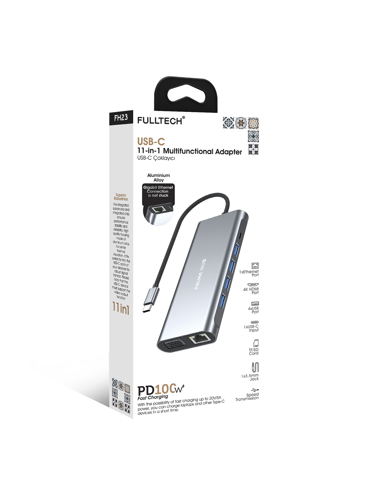 Fulltech FH23 11'i 1 Arada USB-C Çoklayıcı | 4K HDMI, 100W PD, Gigabit Ethernet, 3.5mm Jack