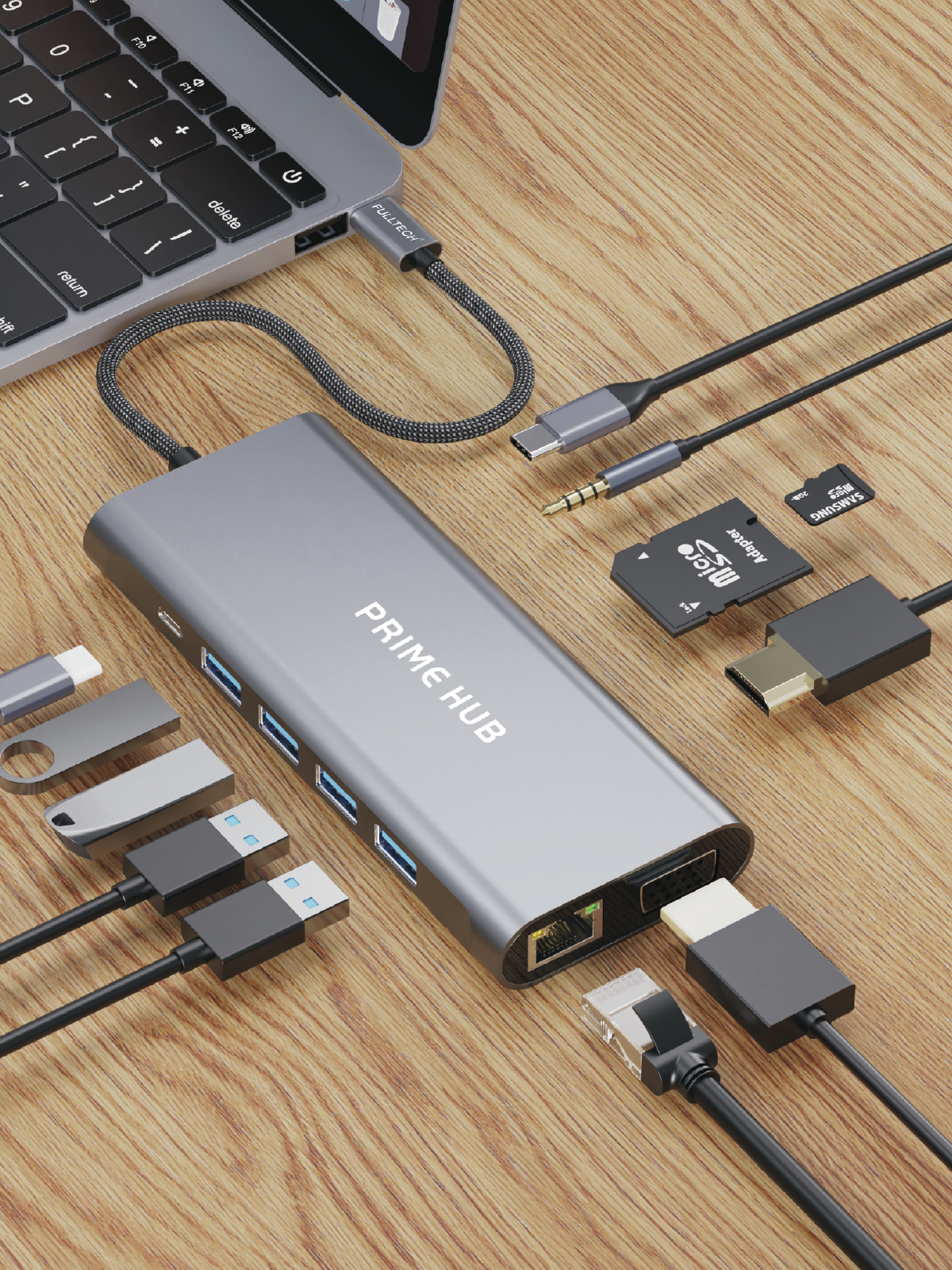 Fulltech FH23 11'i 1 Arada USB-C Çoklayıcı | 4K HDMI, 100W PD, Gigabit Ethernet, 3.5mm Jack