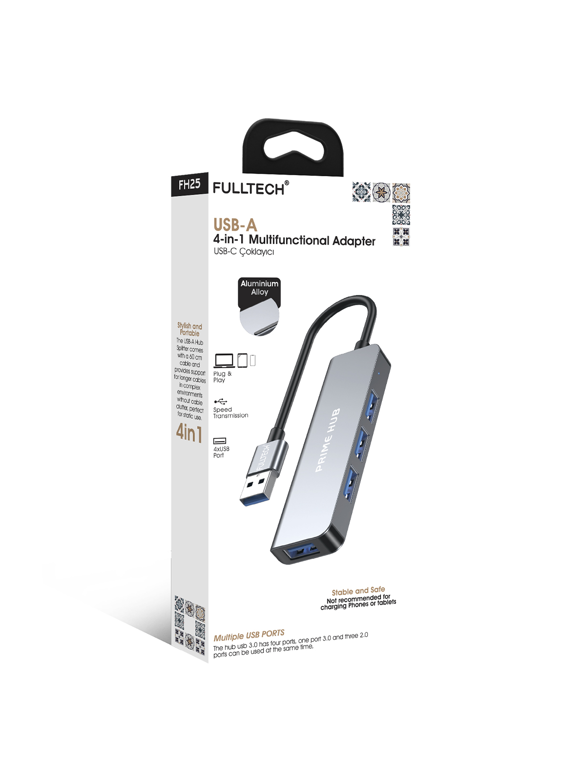 Fulltech FH25 USB-A 4'lü Çoklayıcı | 3x USB 2.0 + 1x USB 3.0 | Hızlı Veri Aktarımı | Tak-Çalıştır Destekli | Alüminyum Gövde