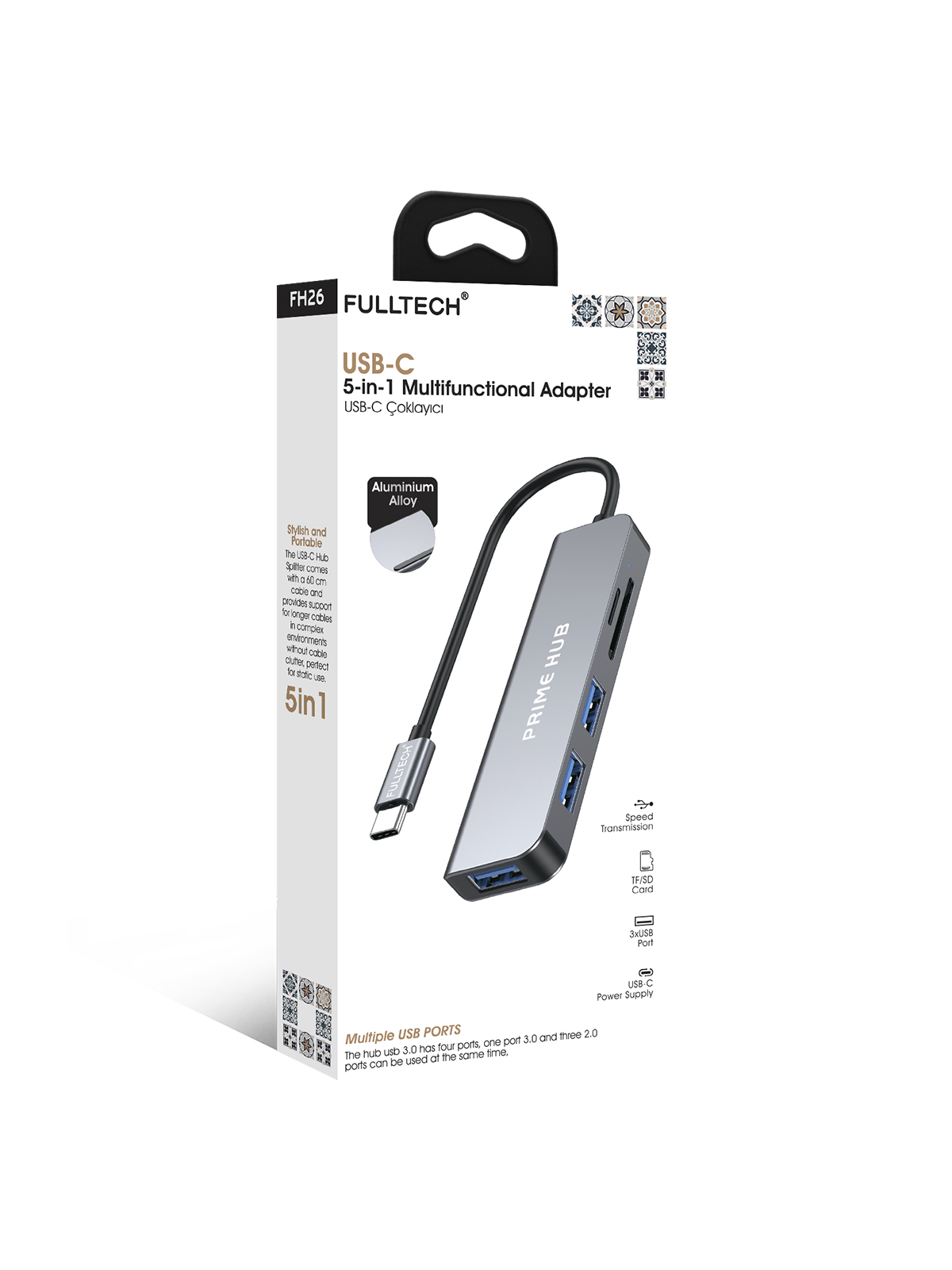 Fulltech FH26 5'i 1 Arada USB-C Çoklayıcı | 3xUSB Giriş + SD/TF Kart Okuyucu | Hızlı Veri Aktarımı & Güvenli Çip