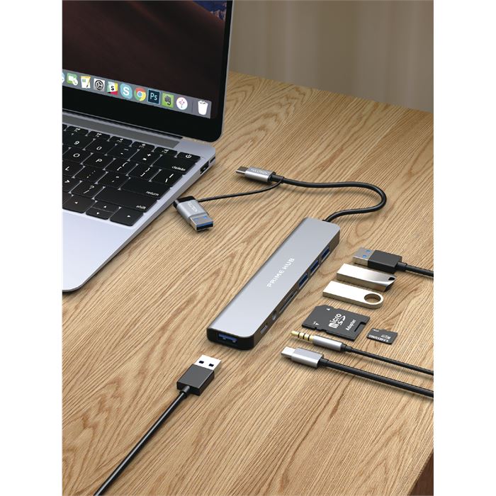 Fulltech FH27 USB-C + A 8-in-2 Çoklayıcı | 5Gbps Hız | SD Kart Okuyucu | 3.5mm Jack | Alüminyum Gövde