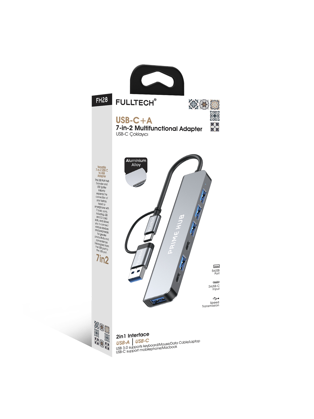 Fulltech FH28 7-in-2 USB-C+A Çoklayıcı | 5x USB Girişi + 2x USB-C | 5Gbps Hızlı Veri Aktarımı | Laptop & MacBook Uyumlu Çoklu Port Adaptör