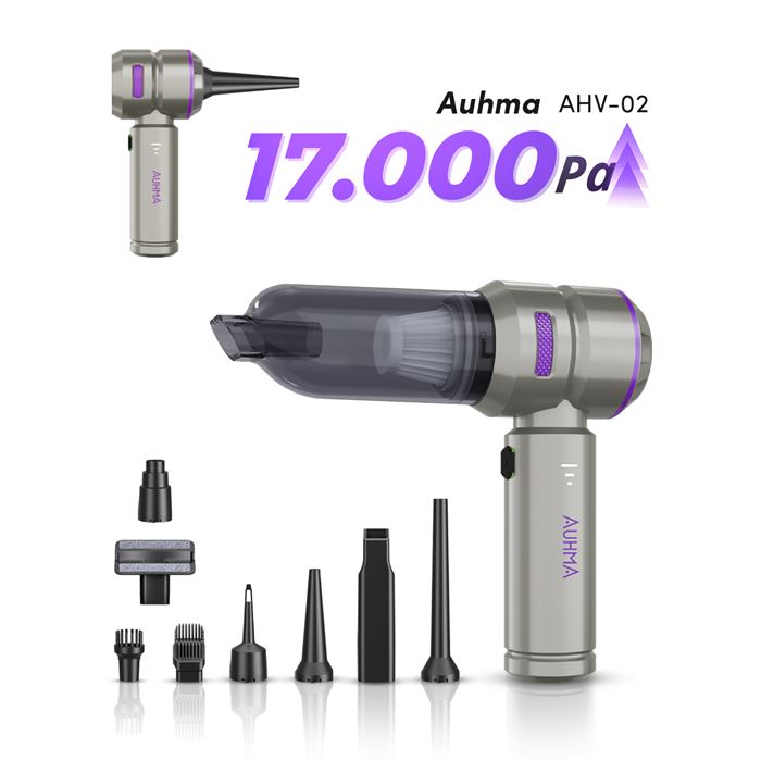 Auhma AHV-02 Kablosuz Araç İçi Süpürge Mor | 17000PA Güçlü Vakum | Fırçasız Motor | Üfleme & Vakum Özellikli | 9 Başlık + Type-C Kablo