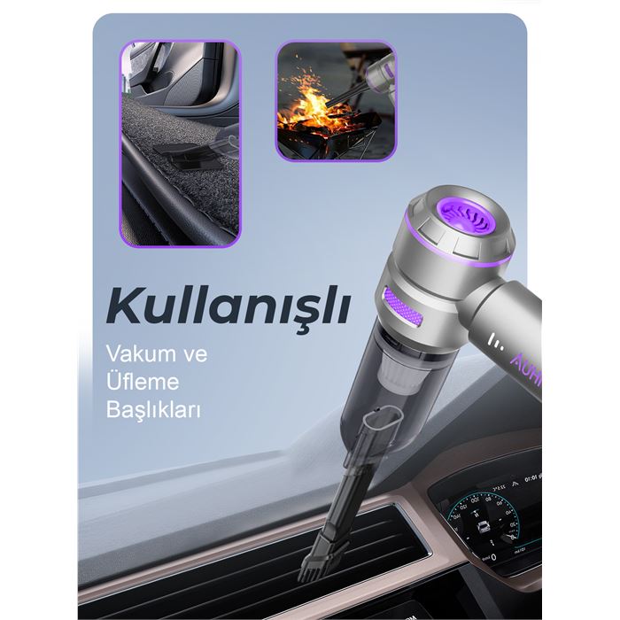 Auhma AHV-02 Kablosuz Araç İçi Süpürge Mor | 17000PA Güçlü Vakum | Fırçasız Motor | Üfleme & Vakum Özellikli | 9 Başlık + Type-C Kablo