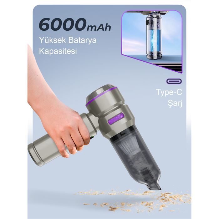 Auhma AHV-02 Kablosuz Araç İçi Süpürge Mor | 17000PA Güçlü Vakum | Fırçasız Motor | Üfleme & Vakum Özellikli | 9 Başlık + Type-C Kablo