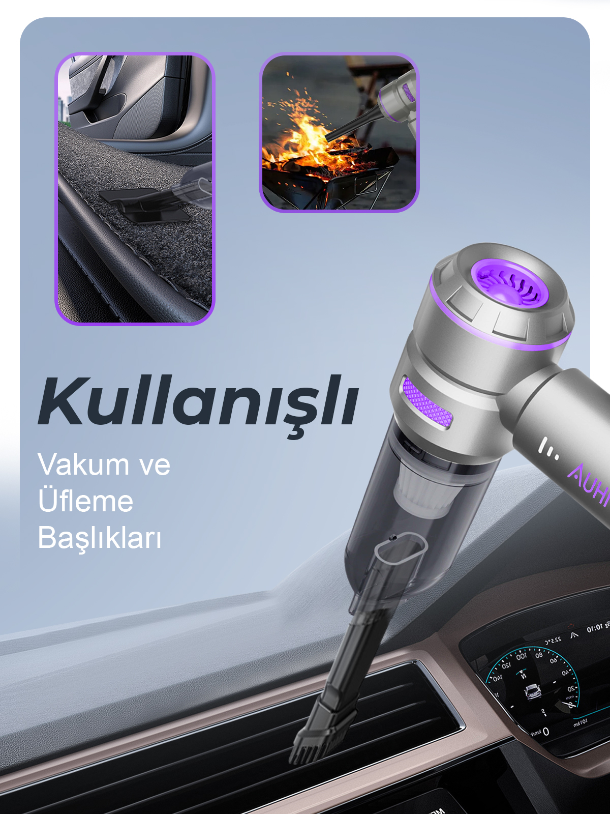Auhma AHV-02 Kablosuz Araç İçi Süpürge Mor | 17000PA Güçlü Vakum | Fırçasız Motor | Üfleme & Vakum Özellikli | 9 Başlık + Type-C Kablo