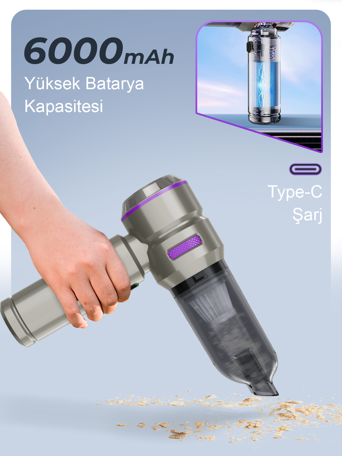 Auhma AHV-02 Kablosuz Araç İçi Süpürge Mor | 17000PA Güçlü Vakum | Fırçasız Motor | Üfleme & Vakum Özellikli | 9 Başlık + Type-C Kablo