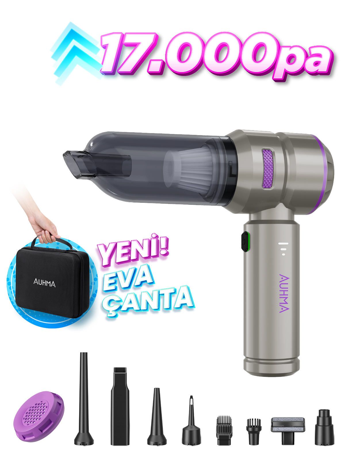 Auhma AHV-02 Kablosuz Araç İçi Süpürge Mor | 17000PA Güçlü Vakum | Fırçasız Motor | Üfleme & Vakum Özellikli | 9 Başlık + Type-C Kablo