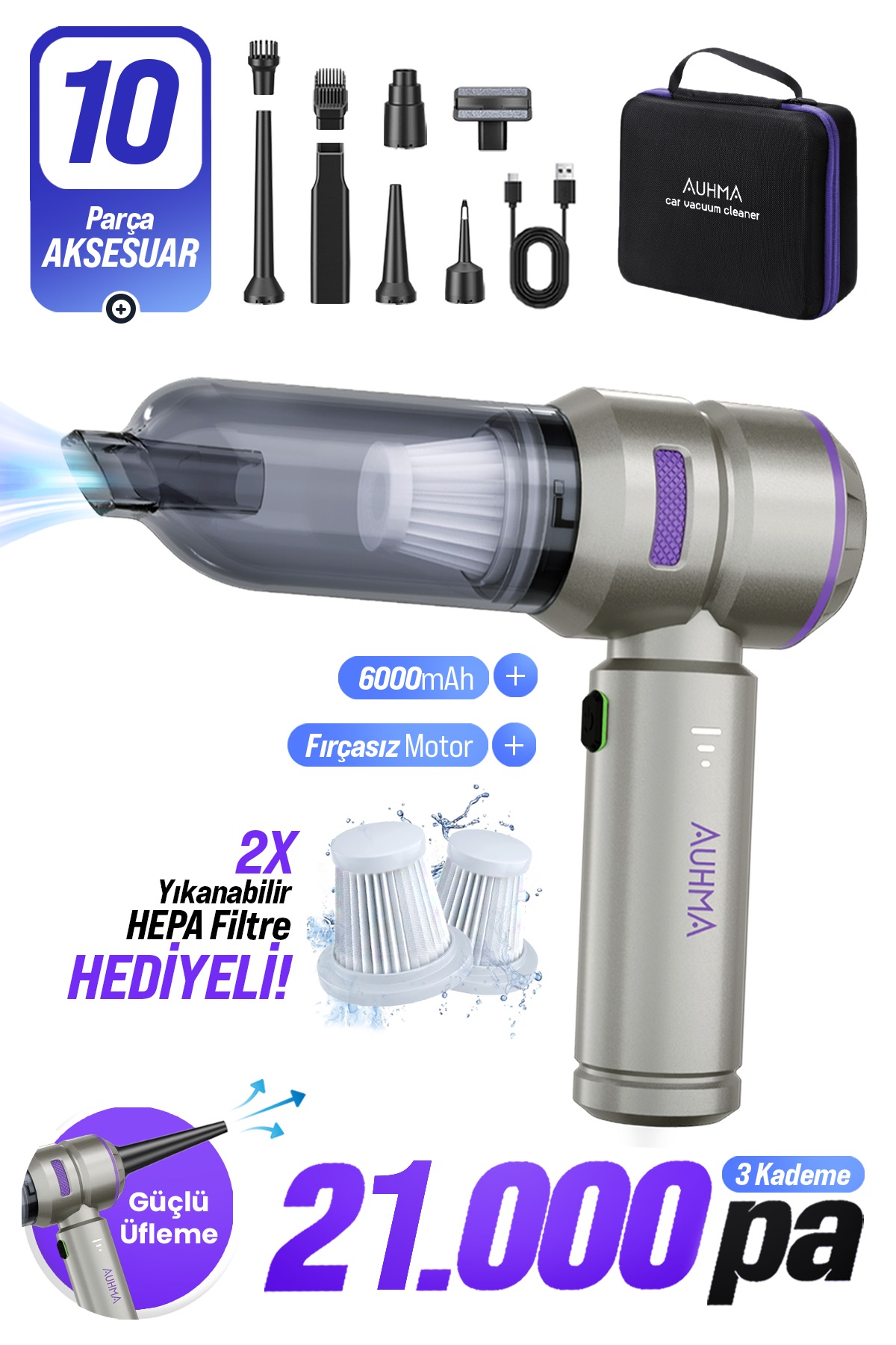 Auhma AHV-02 Kablosuz Araç İçi Süpürge Mor | 21000PA Güçlü Vakum | Fırçasız Motor | Üfleme & Vakum Özellikli | 9 Başlık + Type-C Kablo