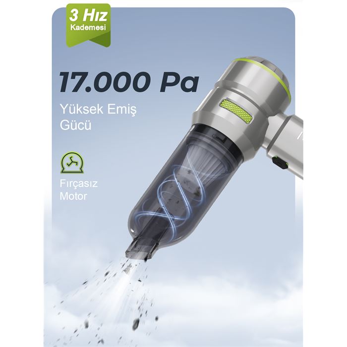 Auhma AHV-02 Kablosuz Araç İçi Süpürge Yeşil | 17000PA Güçlü Vakum | Fırçasız Motor | Üfleme & Vakum Özellikli | 9 Başlık + Type-C Kablo