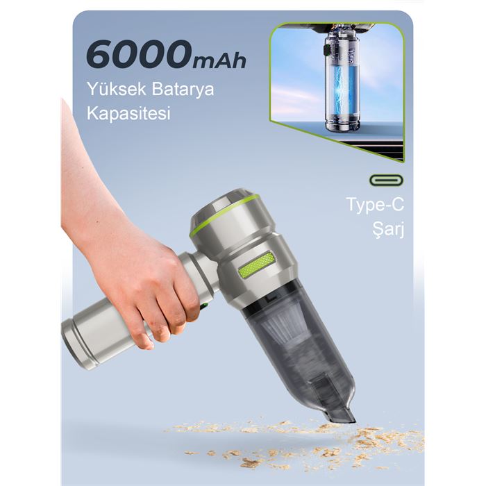 Auhma AHV-02 Kablosuz Araç İçi Süpürge Yeşil | 17000PA Güçlü Vakum | Fırçasız Motor | Üfleme & Vakum Özellikli | 9 Başlık + Type-C Kablo
