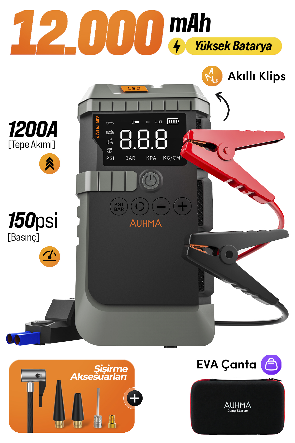 Auhma A7711 Jump Starter / Akü Takviye Cihazı | 4'ü 1 Arada Powerbank, Hava Kompresörü, LCD Ekran, 12.000mAh 150PSI
