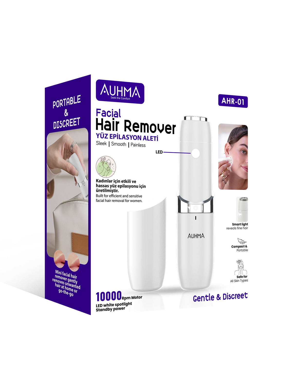 Auhma AHR-01 Yüz Epilasyon Aleti | Acısız Kadın Yüz Tüyü Temizleyici | Taşınabilir Tıraş Makinesi – 10.000RPM, LED Işıklı