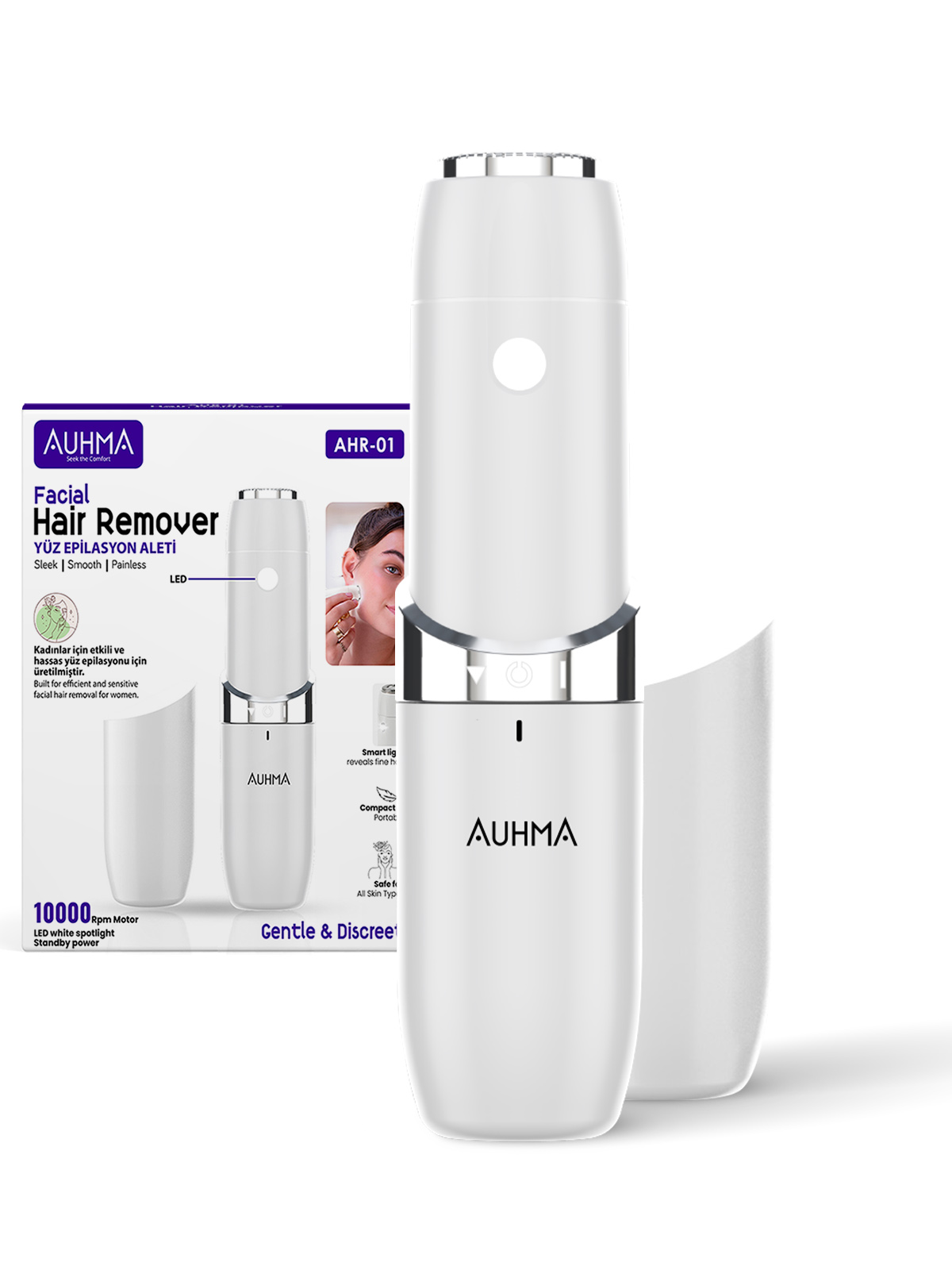 Auhma AHR-01 Yüz Epilasyon Aleti | Acısız Kadın Yüz Tüyü Temizleyici | Taşınabilir Tıraş Makinesi – 10.000RPM, LED Işıklı