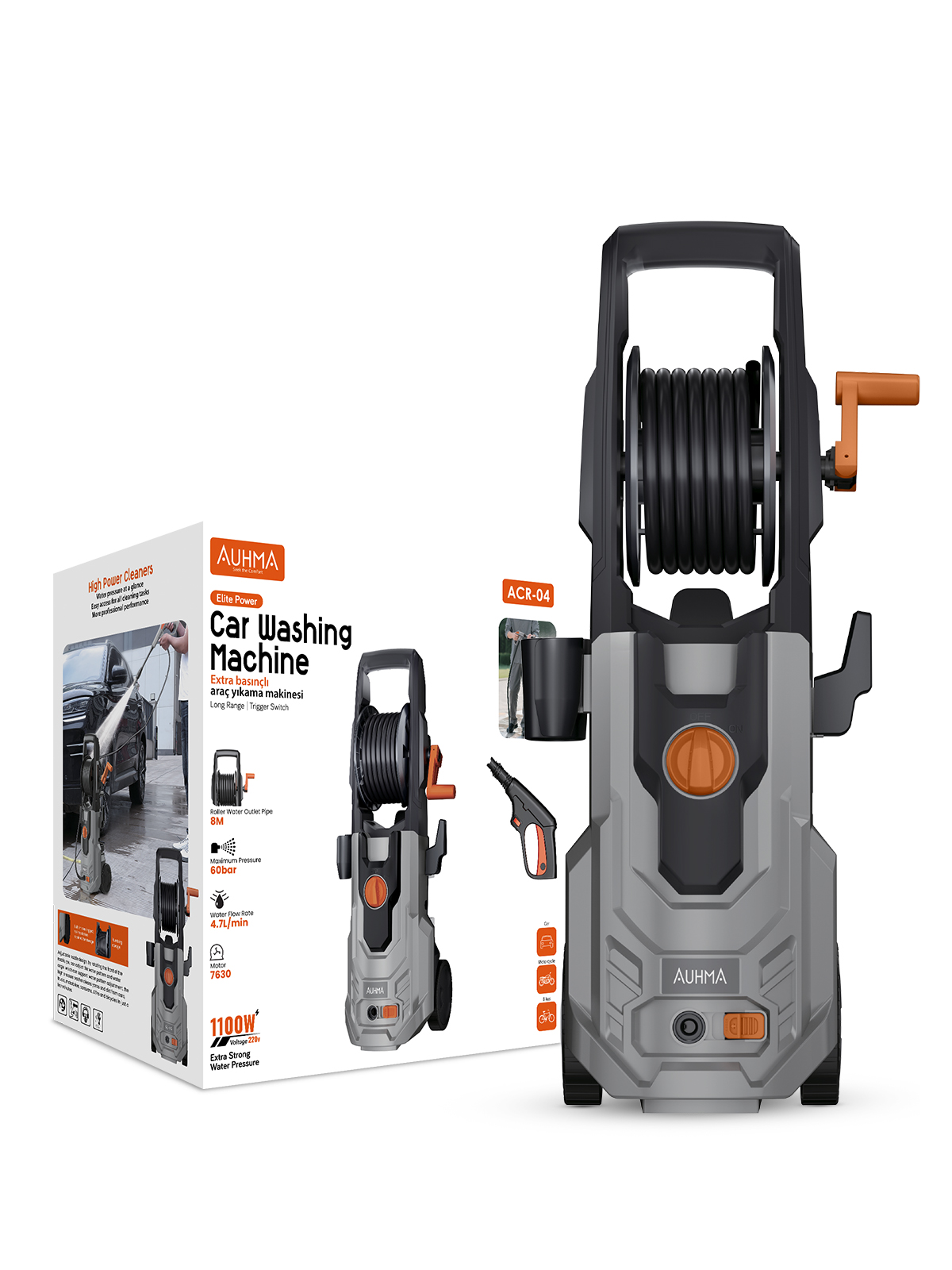 Auhma ACR-04 Extra Basınçlı Araç Yıkama Makinesi | 60 Bar 1100W Yüksek Basınçlı Yıkama | Köpük Tabancalı + 8m Hortumlu
