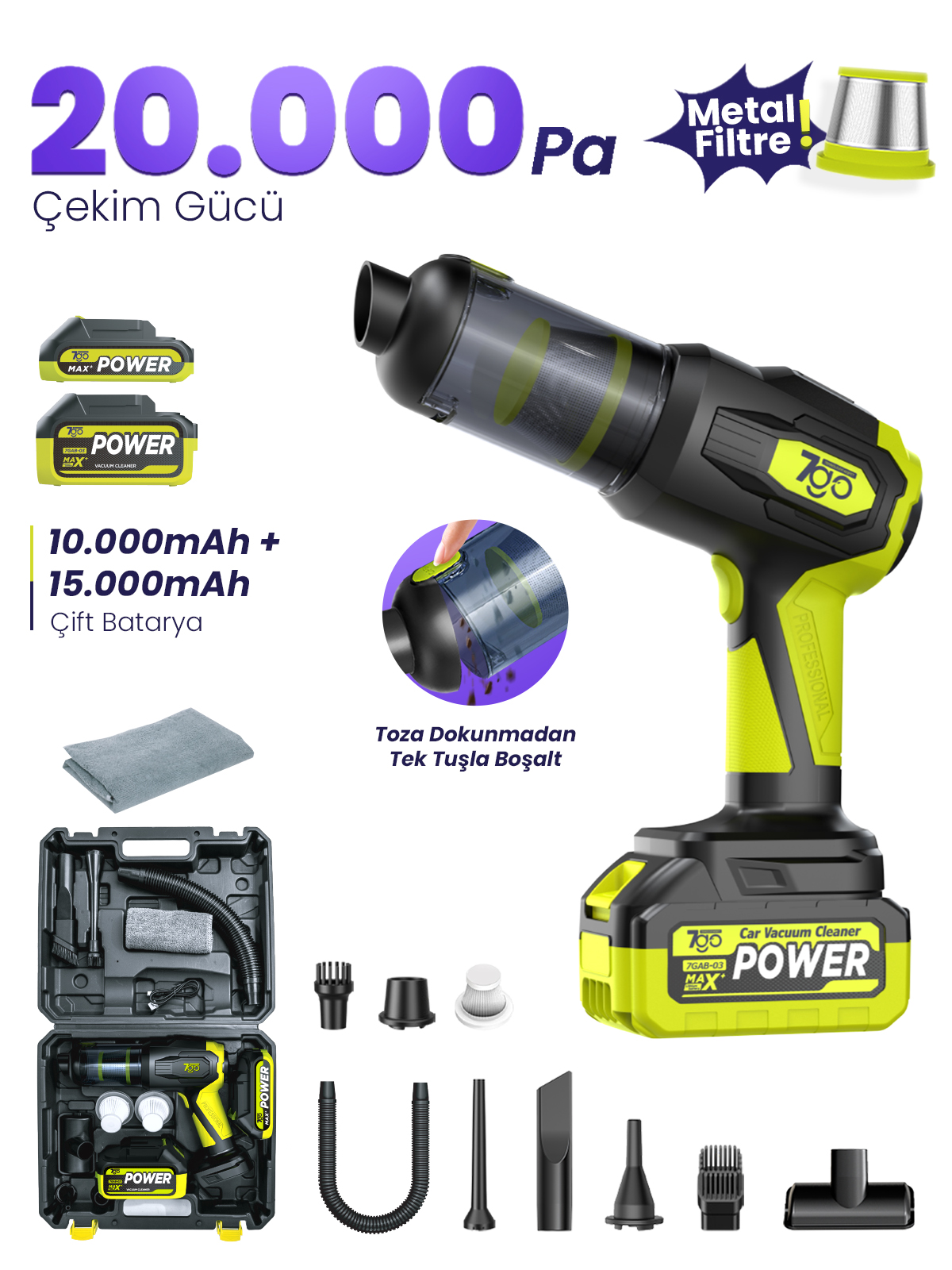 7GO 7GAB-03 Kablosuz Araç İçi Süpürge | 20.000PA Güçlü Emiş | 90.000RPM Motor | 25.000mAH Uzun Ömürlü Batarya | Üfleme & Vakum 2’si 1 Arada