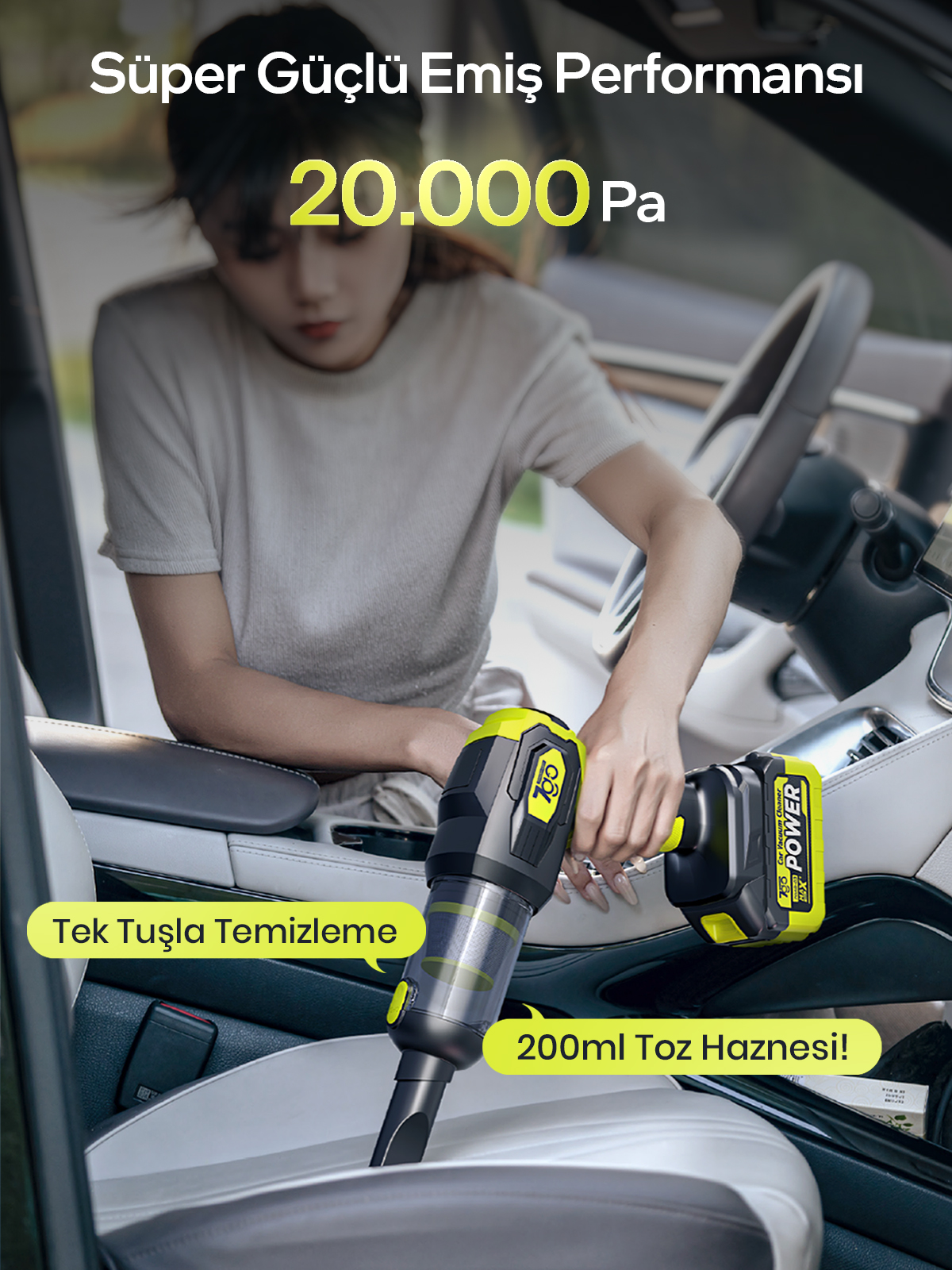 7GO 7GAB-03 Kablosuz Araç İçi Süpürge | 20.000PA Güçlü Emiş | 90.000RPM Motor | 25.000mAH Uzun Ömürlü Batarya | Üfleme & Vakum 2’si 1 Arada