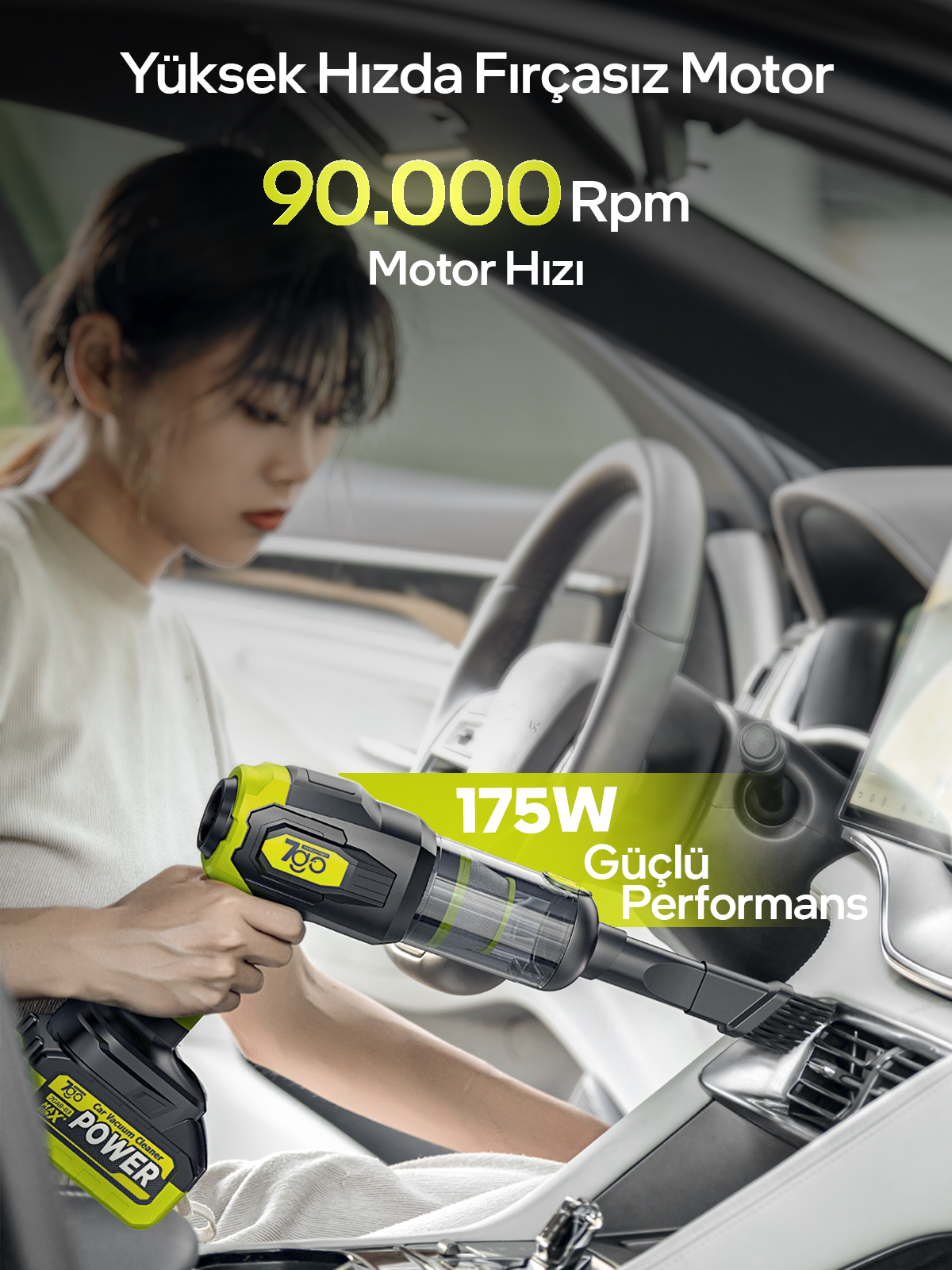 7GO 7GAB-03 Kablosuz Araç İçi Süpürge | 20.000PA Güçlü Emiş | 90.000RPM Motor | 25.000mAH Uzun Ömürlü Batarya | Üfleme & Vakum 2’si 1 Arada