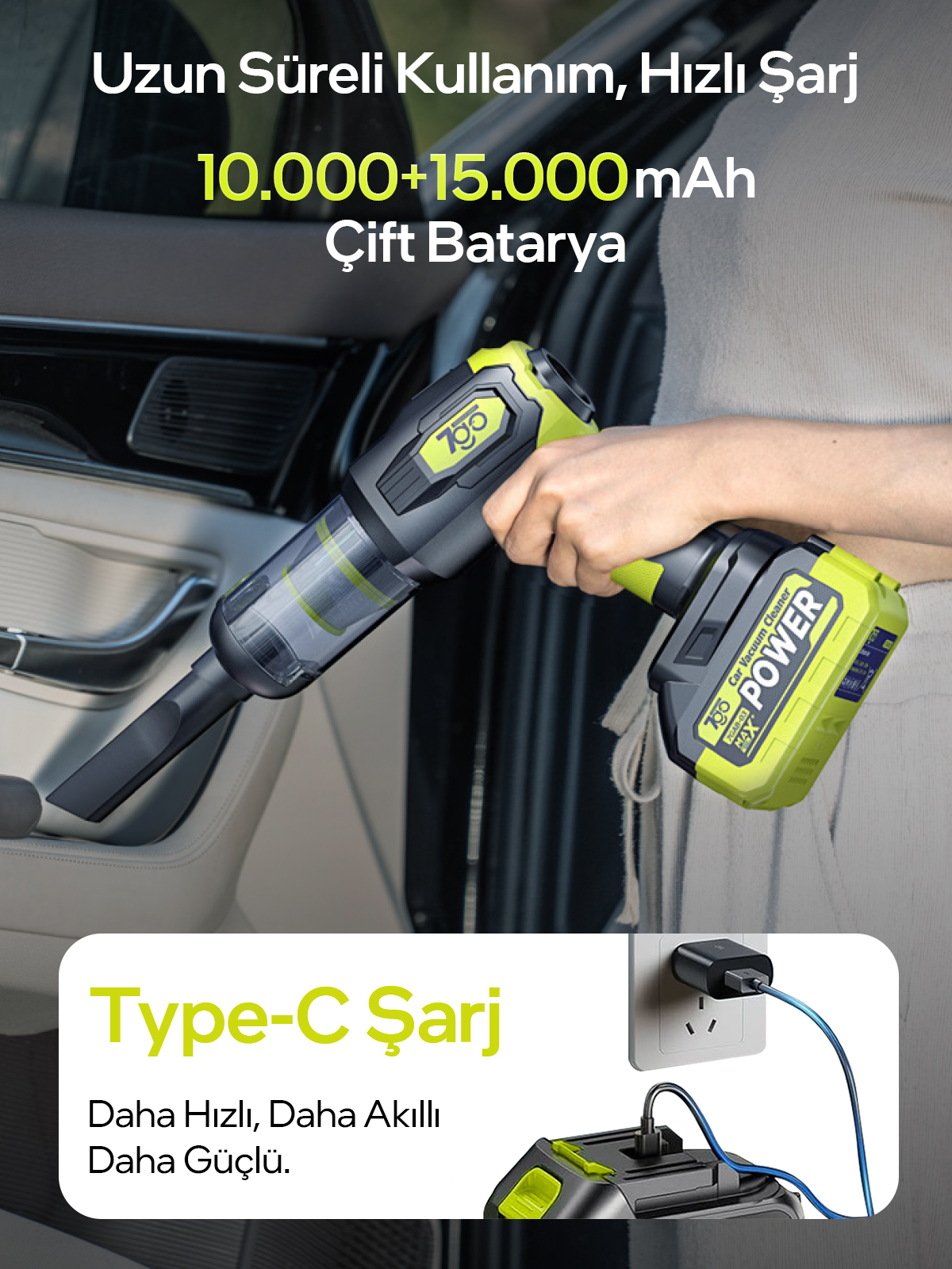 7GO 7GAB-03 Kablosuz Araç İçi Süpürge | 20.000PA Güçlü Emiş | 90.000RPM Motor | 25.000mAH Uzun Ömürlü Batarya | Üfleme & Vakum 2’si 1 Arada