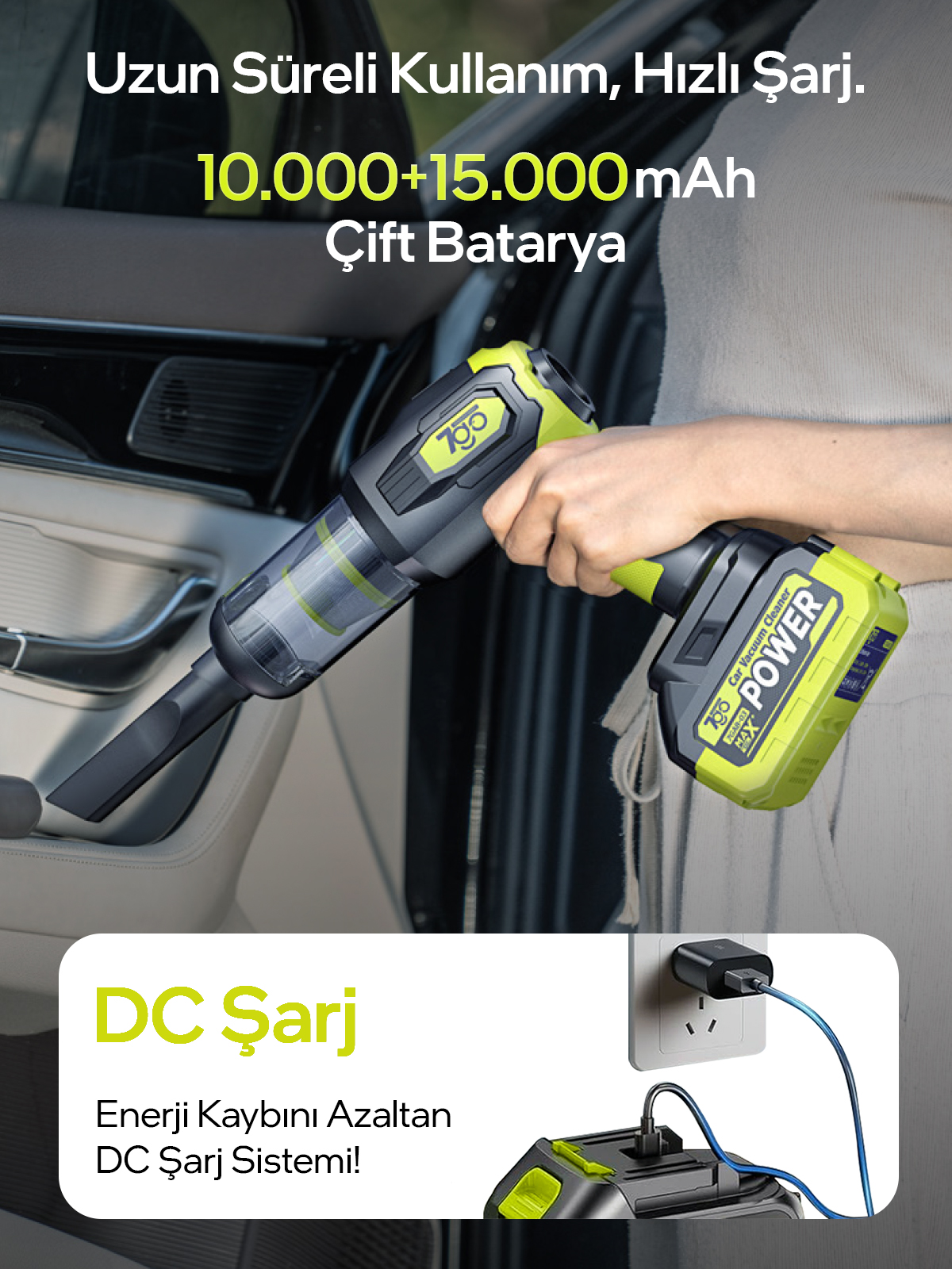 7GO 7GAB-03 Kablosuz Araç İçi Süpürge | 20.000PA Güçlü Emiş | 90.000RPM Motor | 25.000mAH Uzun Ömürlü Batarya | Üfleme & Vakum 2’si 1 Arada