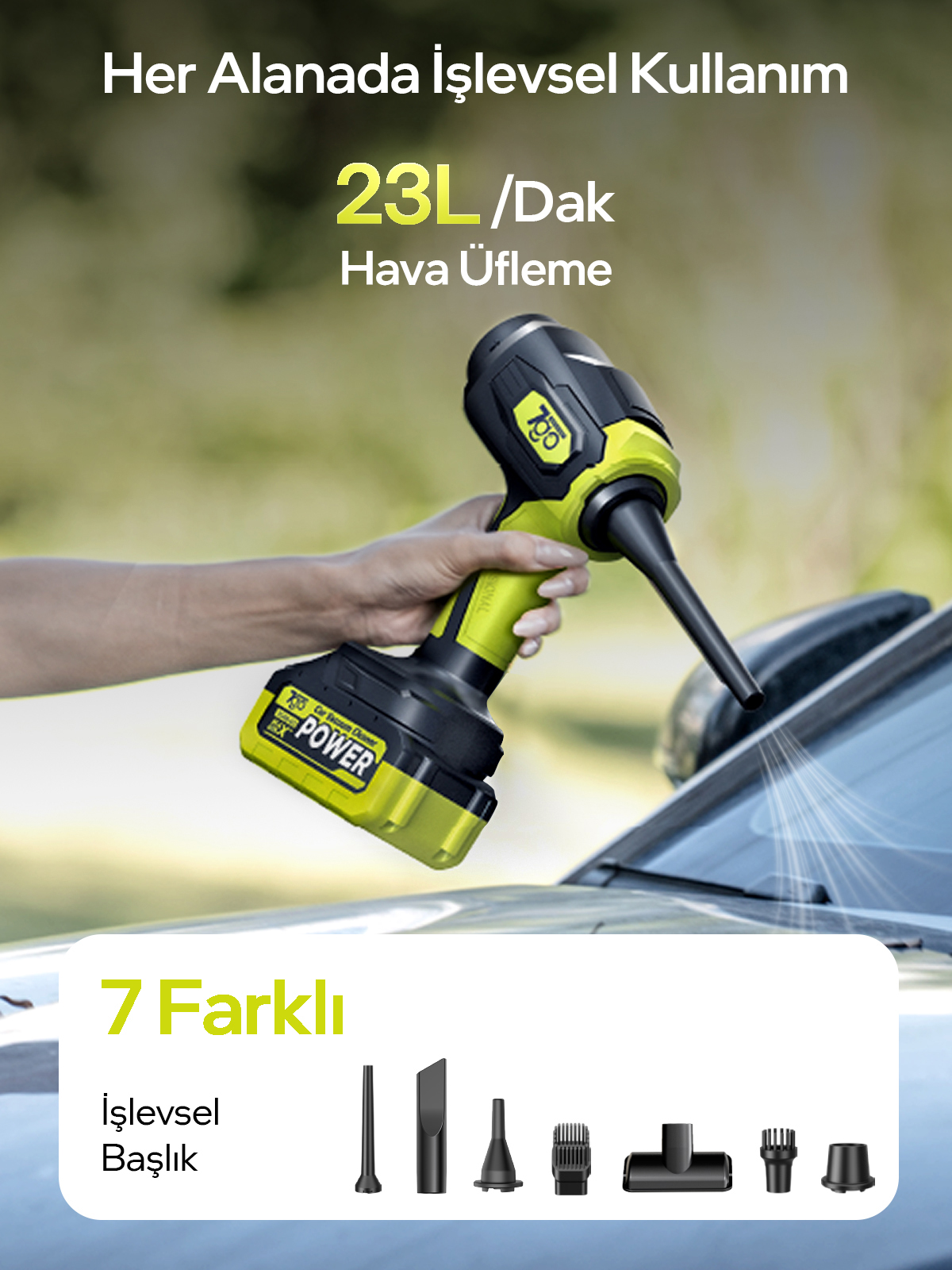 7GO 7GAB-03 Kablosuz Araç İçi Süpürge | 20.000PA Güçlü Emiş | 90.000RPM Motor | 25.000mAH Uzun Ömürlü Batarya | Üfleme & Vakum 2’si 1 Arada