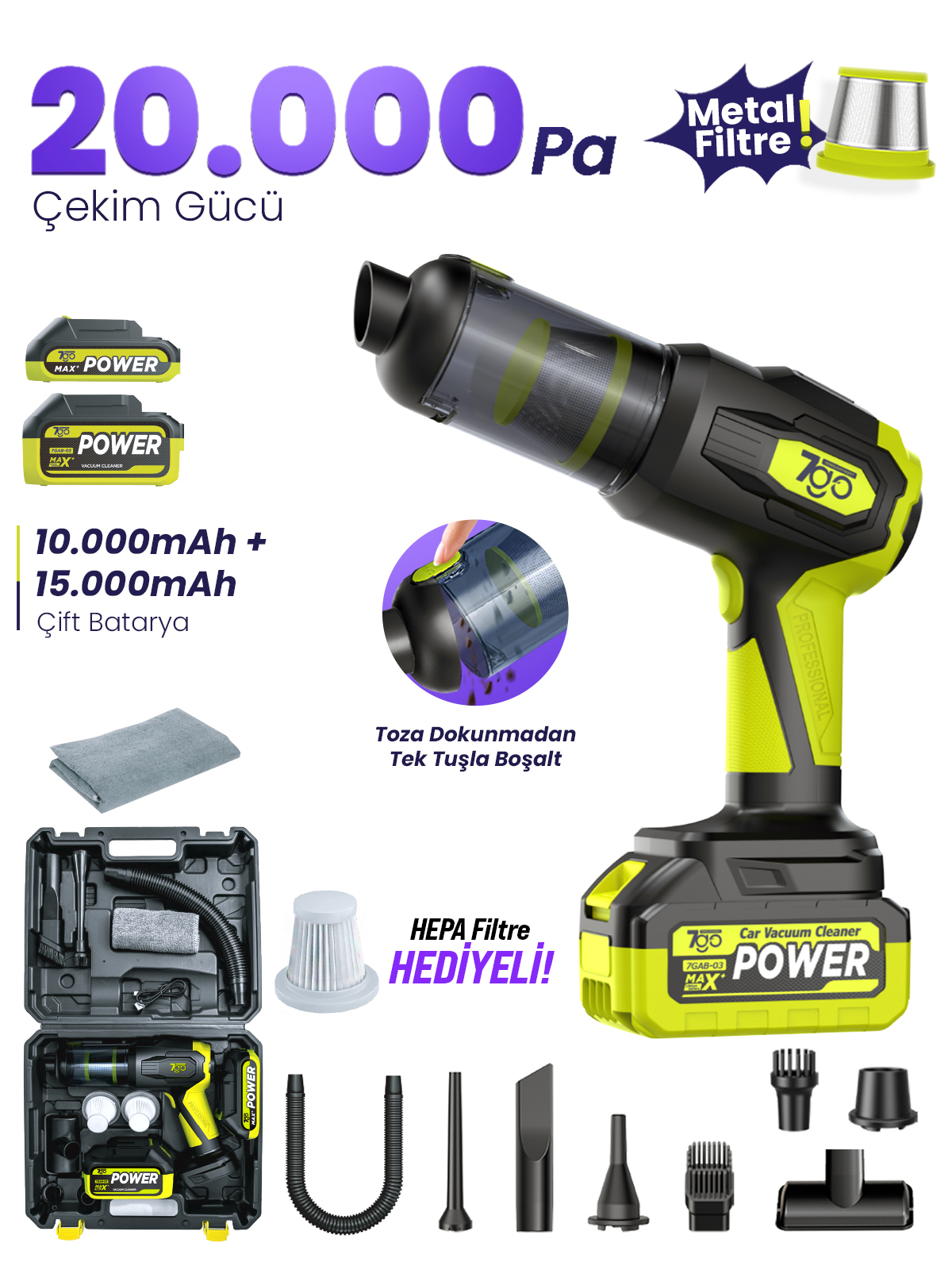7GO 7GAB-03 Kablosuz Araç İçi Süpürge | 20.000PA Güçlü Emiş | 90.000RPM Motor | 25.000mAH Uzun Ömürlü Batarya | Üfleme & Vakum 2’si 1 Arada