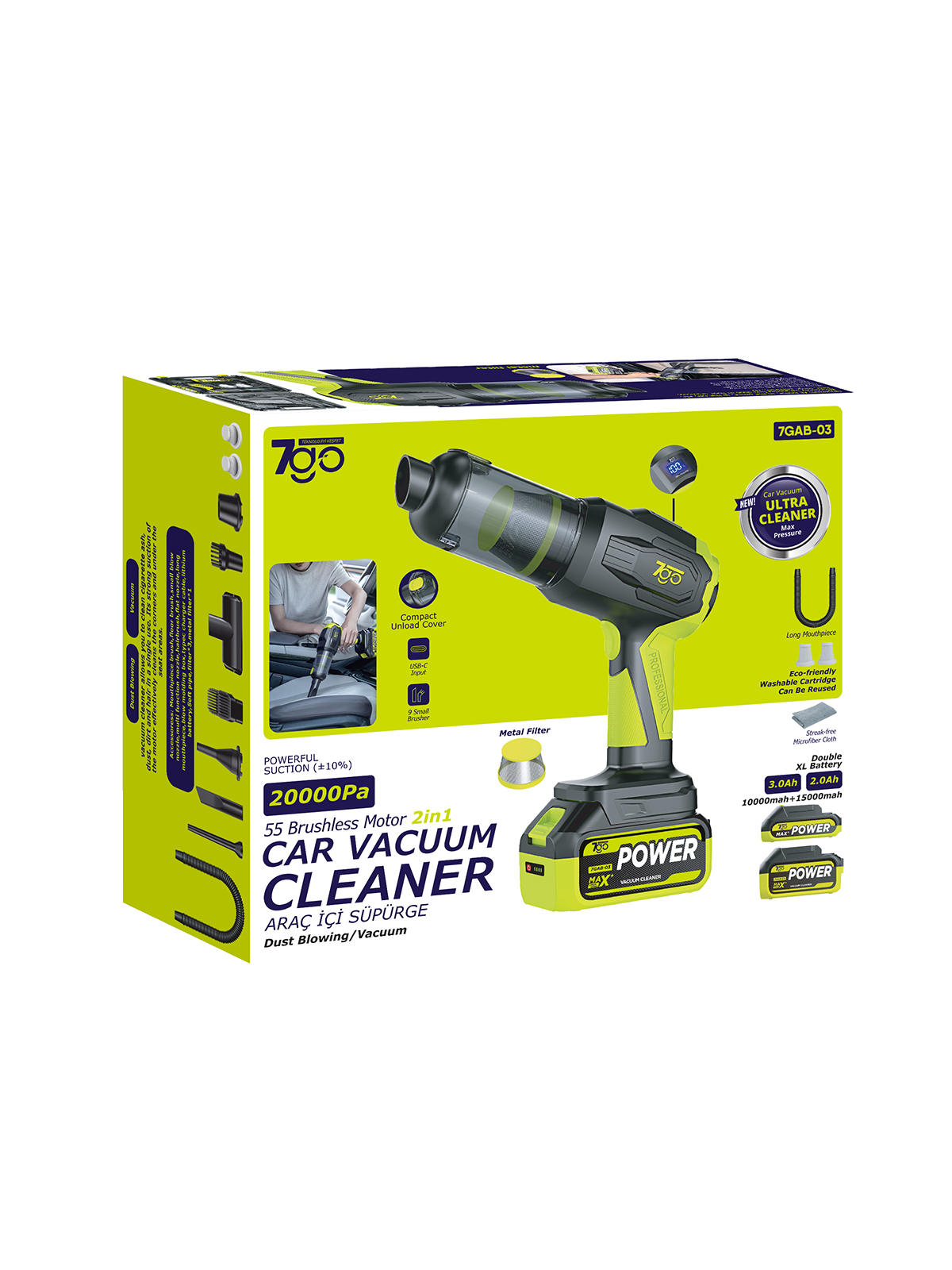 7GO 7GAB-03 Kablosuz Araç İçi Süpürge | 20.000PA Güçlü Emiş | 90.000RPM Motor | 25.000mAH Uzun Ömürlü Batarya | Üfleme & Vakum 2’si 1 Arada