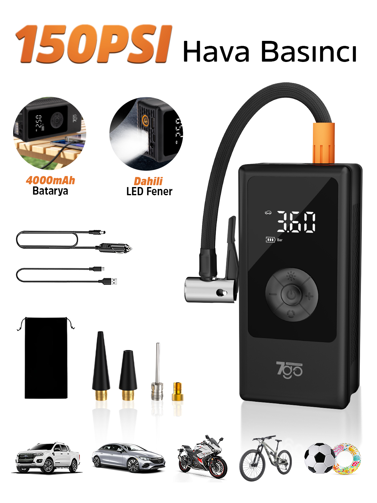 7GO 7A3 Hava Pompası & Powerbank | 150 PSI Ultra Basınç, LED Işıklı, LCD Ekranlı, 4000mAh Taşınabilir Şarjlı Kompresör