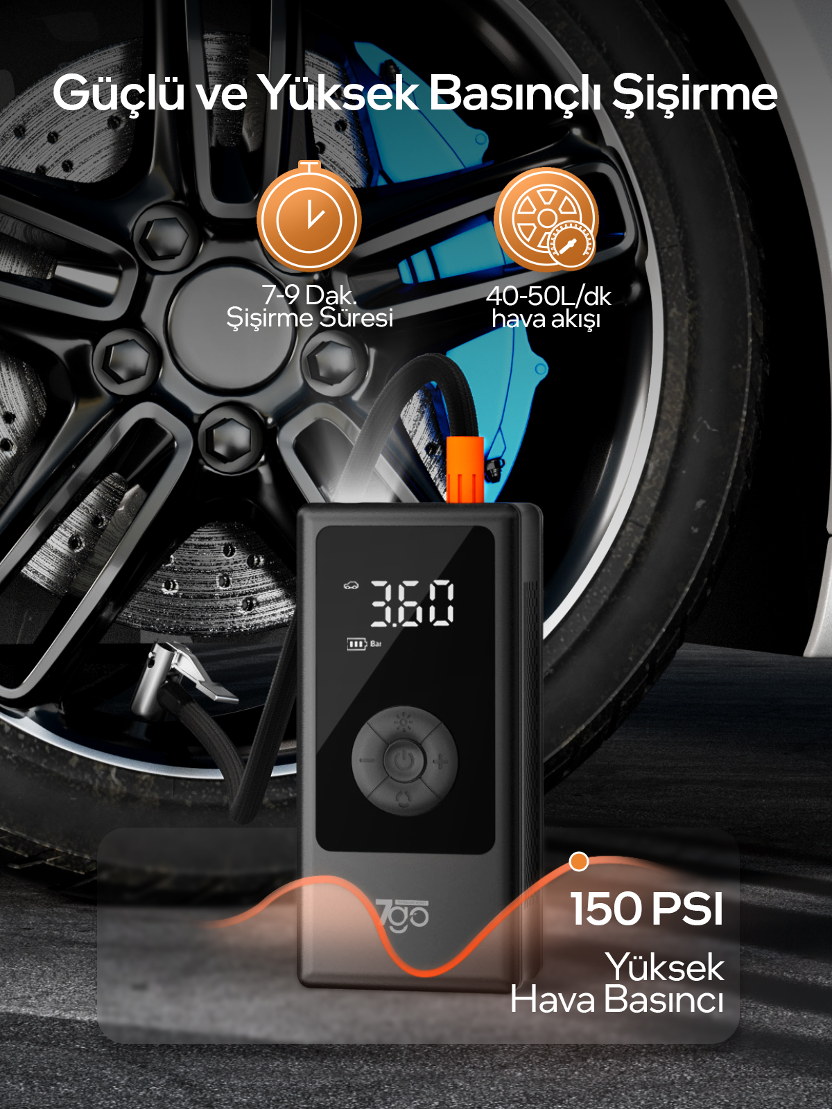 7GO 7A3 Hava Pompası & Powerbank | 150 PSI Ultra Basınç, LED Işıklı, LCD Ekranlı, 4000mAh Taşınabilir Şarjlı Kompresör