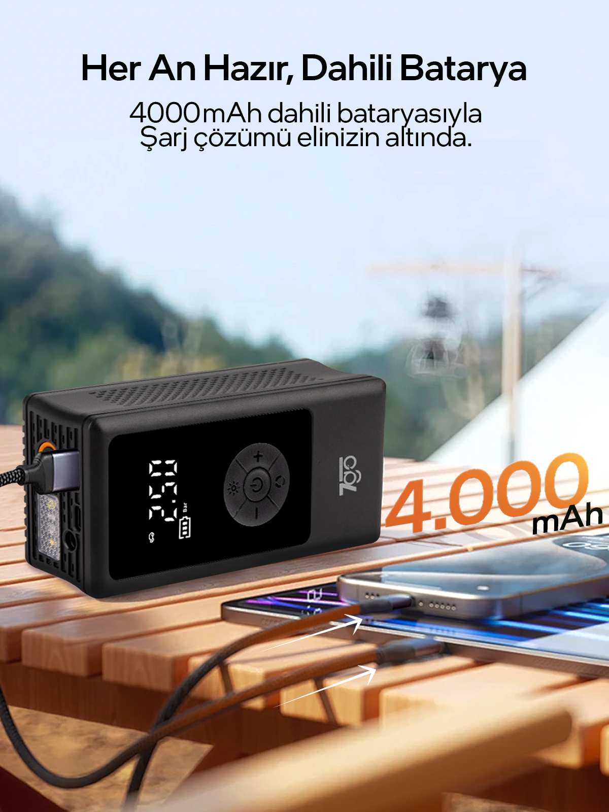 7GO 7A3 Hava Pompası & Powerbank | 150 PSI Ultra Basınç, LED Işıklı, LCD Ekranlı, 4000mAh Taşınabilir Şarjlı Kompresör